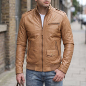 Men's Tan Leather Bomber Jacket — Dearden