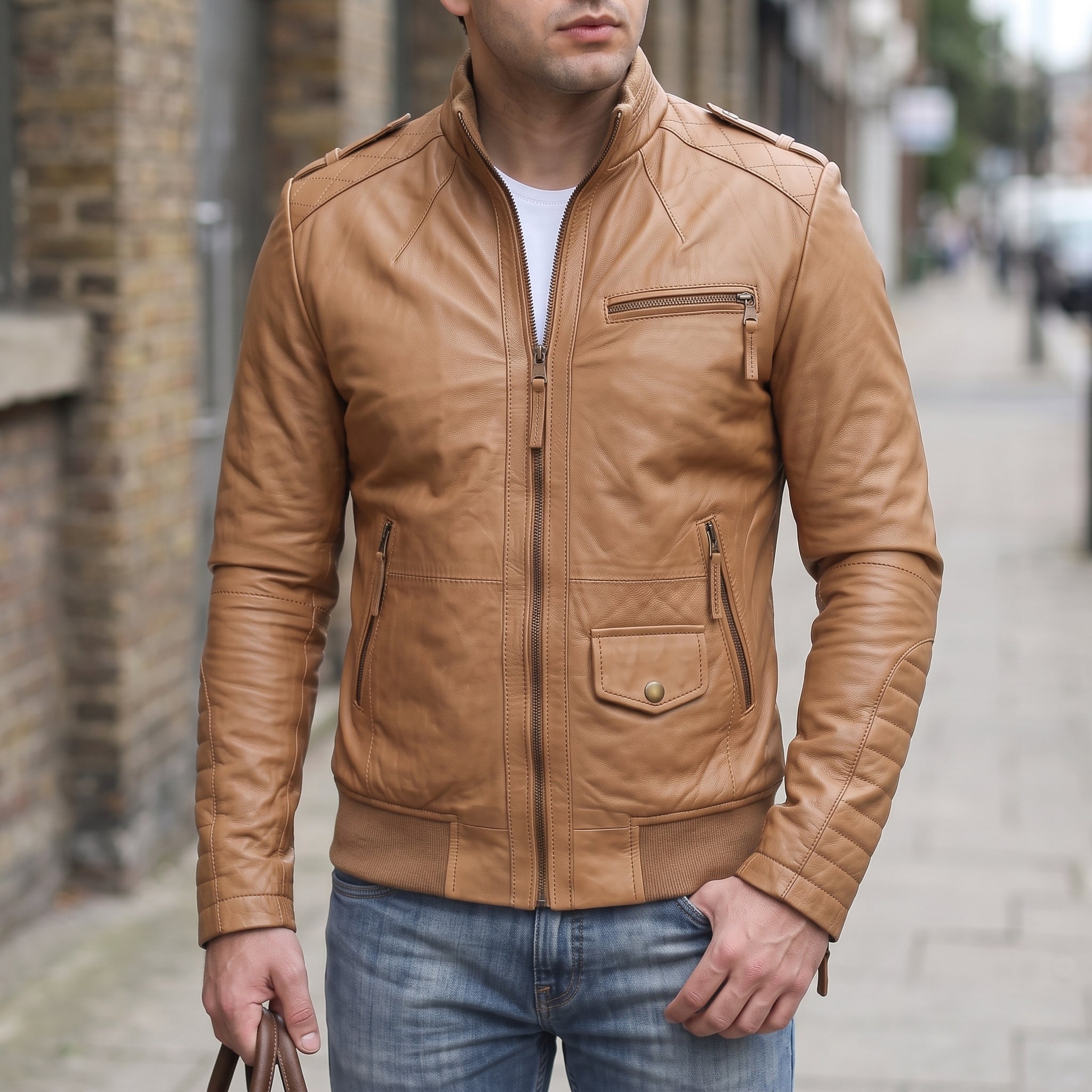 Men's Tan Leather Bomber Jacket — Dearden
