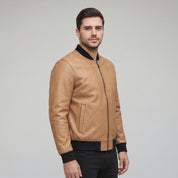 Men's Tan Leather Bomber Jacket — Hoby