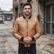 Men's Tan Leather Bomber Jacket — Hoby