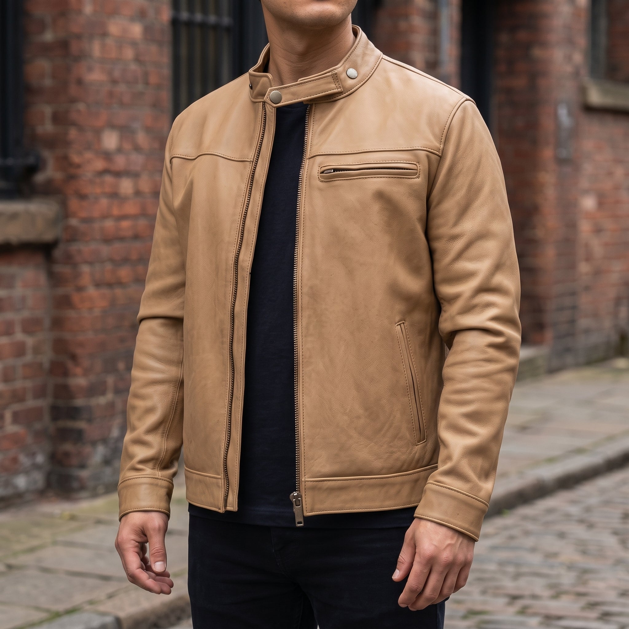 Men's Tan Leather Cafe Racer Biker Jacket — Hatton