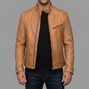 Men's Tan Distressed Leather Biker Jacket — Abbirton