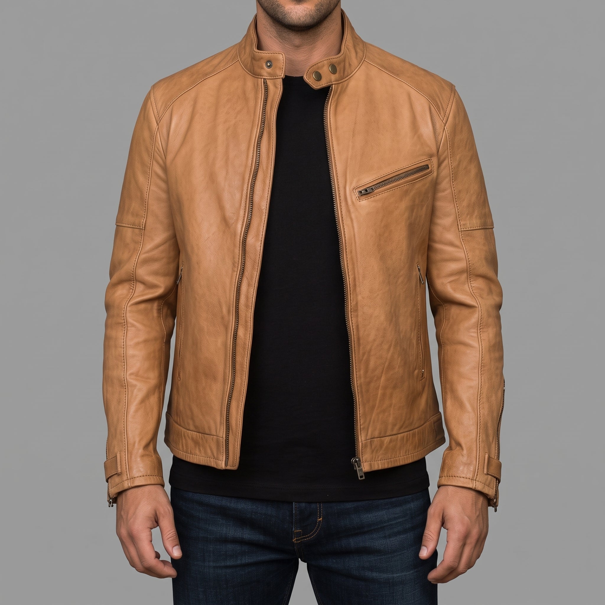 Men's Tan Distressed Leather Biker Jacket — Abbirton