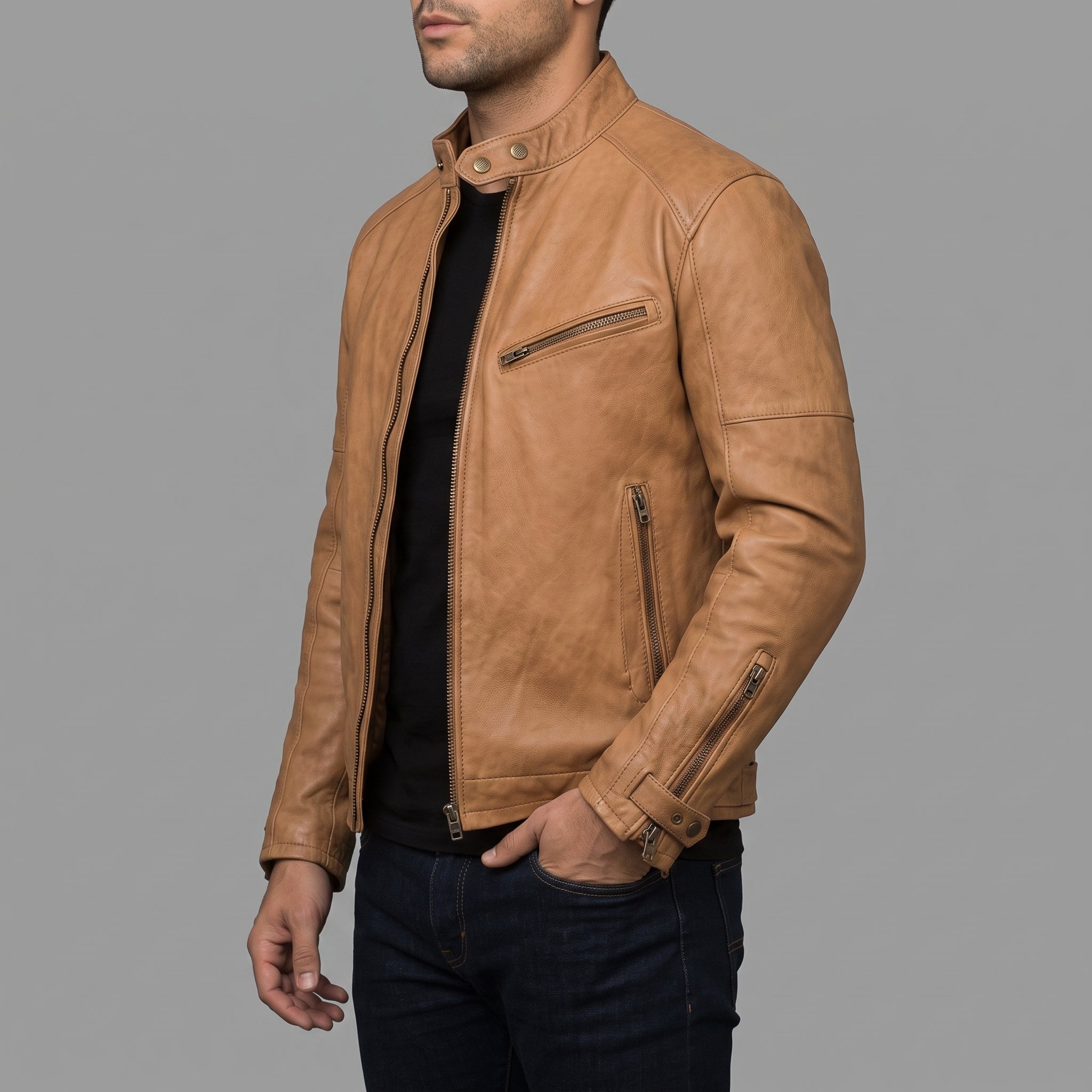 Men's Tan Distressed Leather Biker Jacket — Abbirton