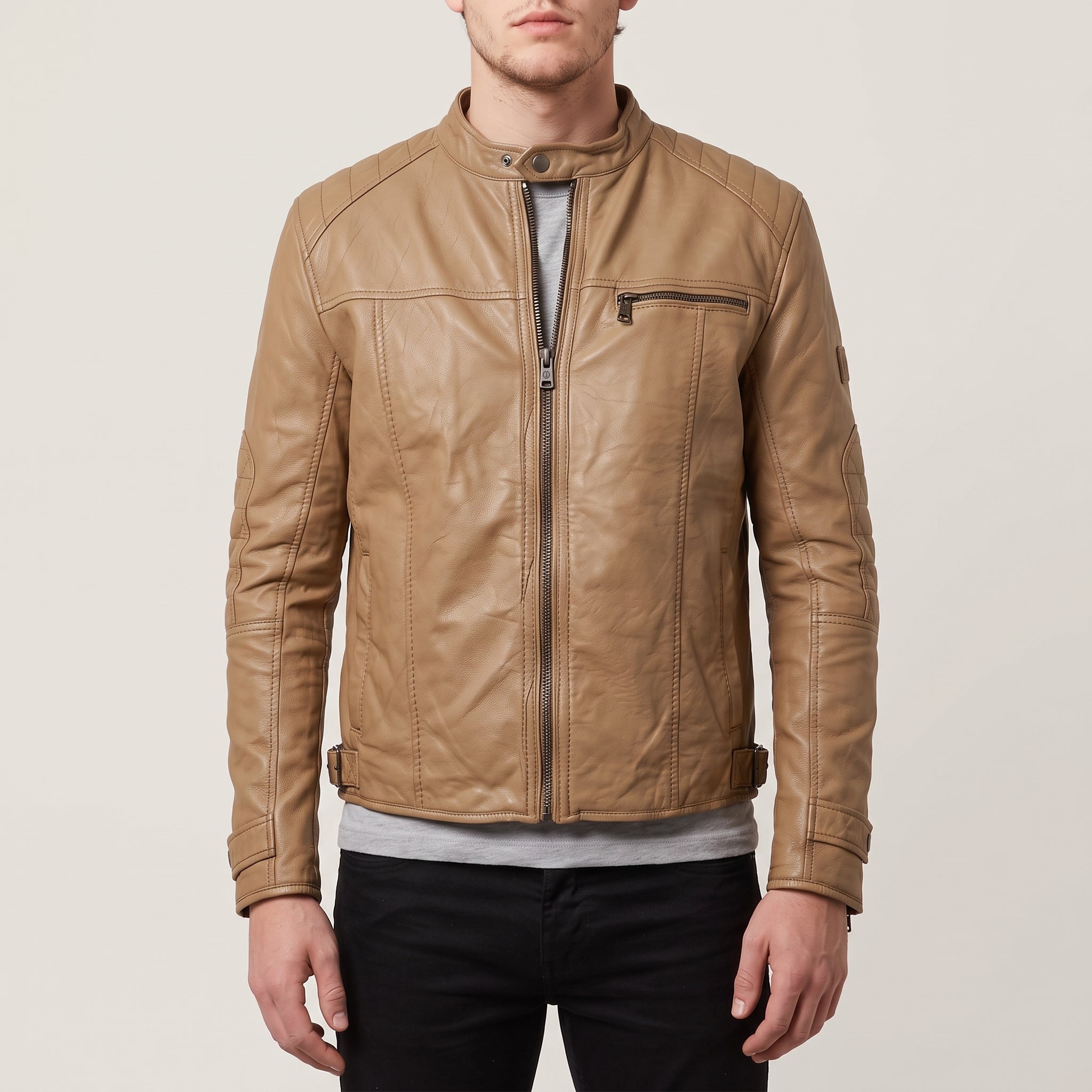 Men's Tan Leather Cafe Racer Jacket — Amwell