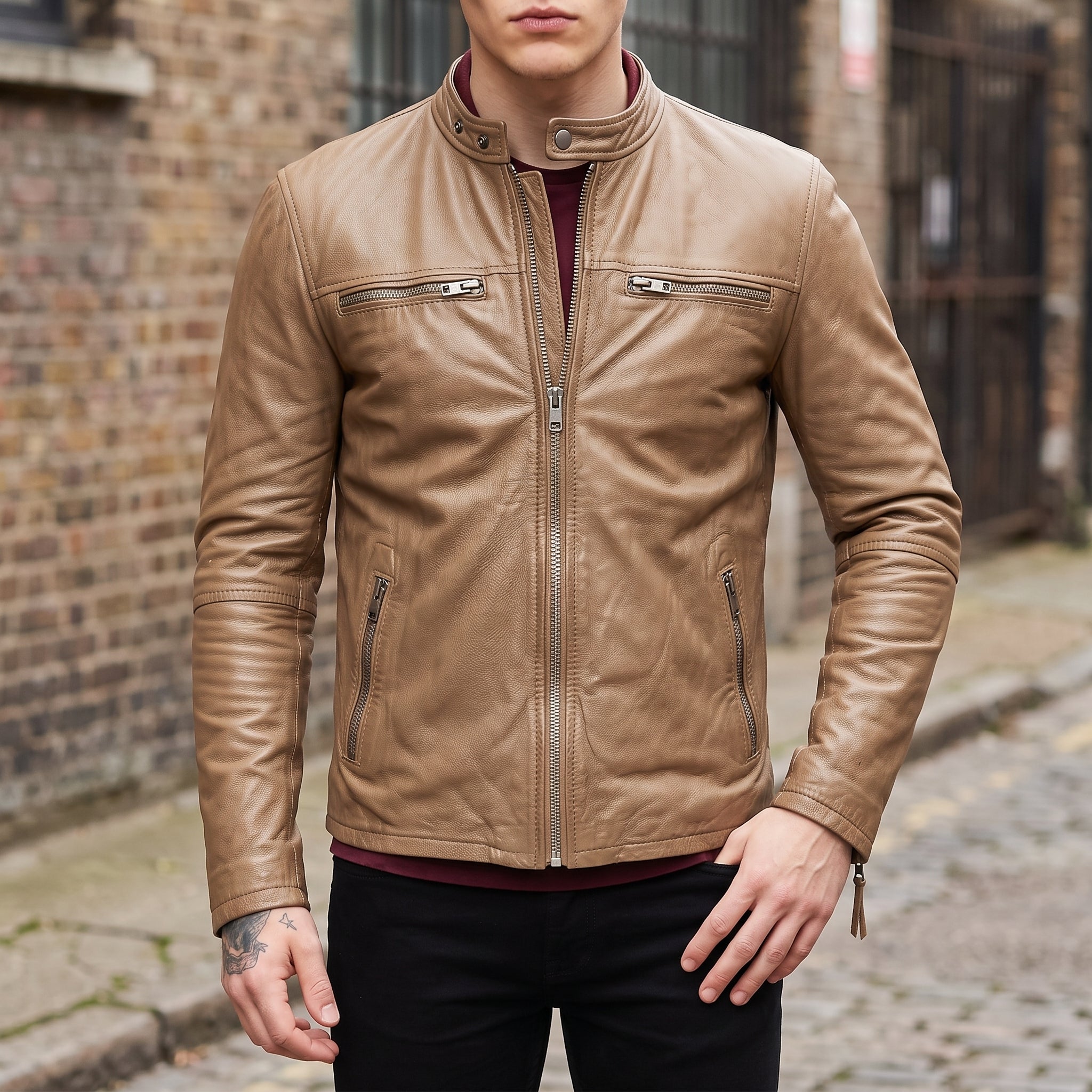 Men's Tan Leather Cafe Racer Jacket — Appleford