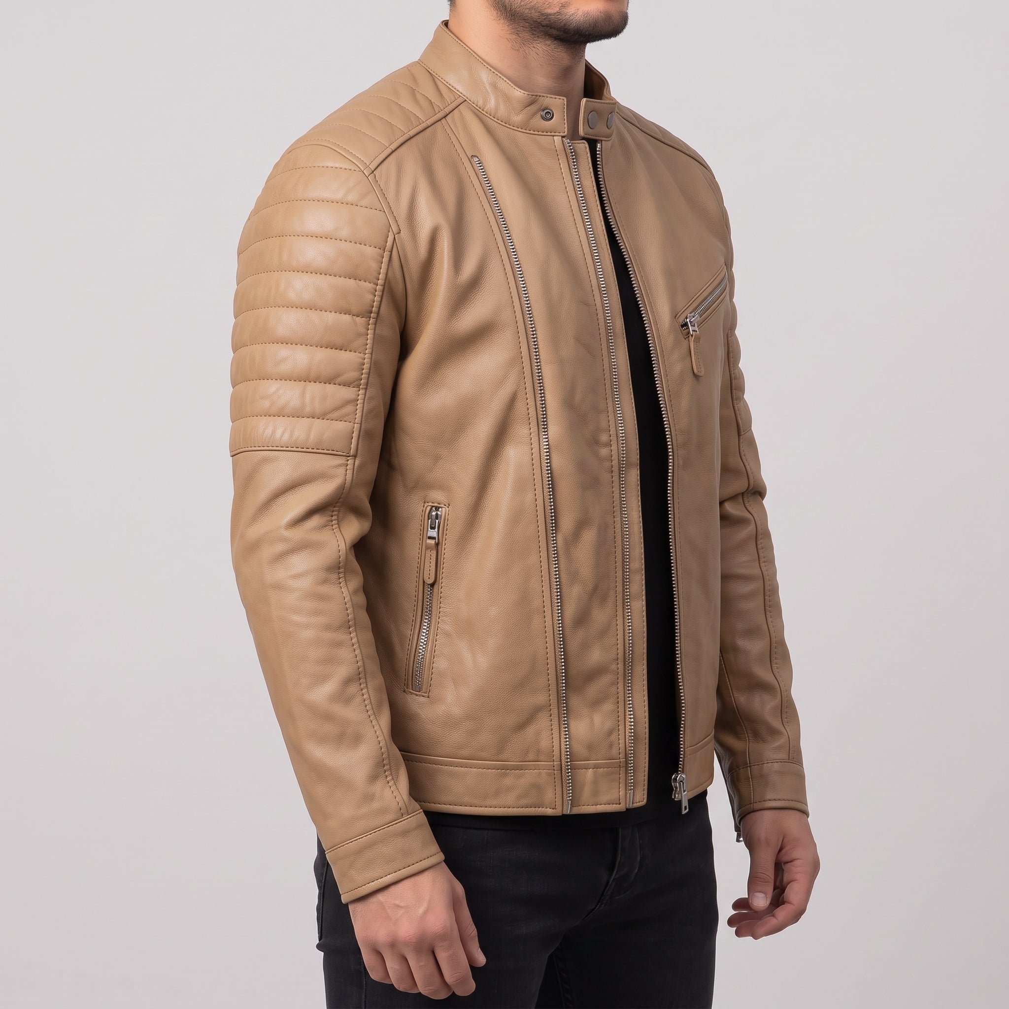 Men's Tan Leather Cafe Racer Jacket — Brantley