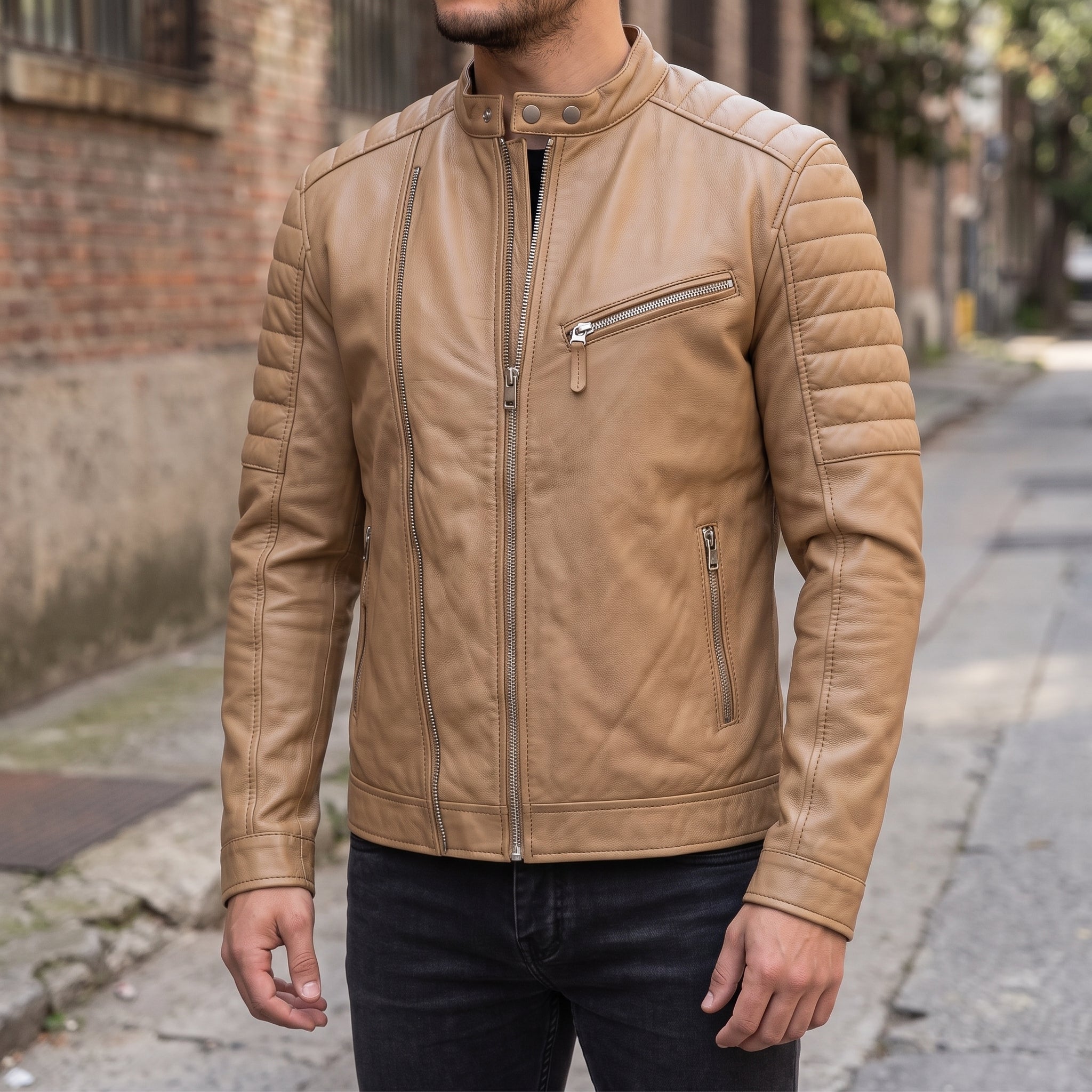 Men's Tan Leather Cafe Racer Jacket — Brantley