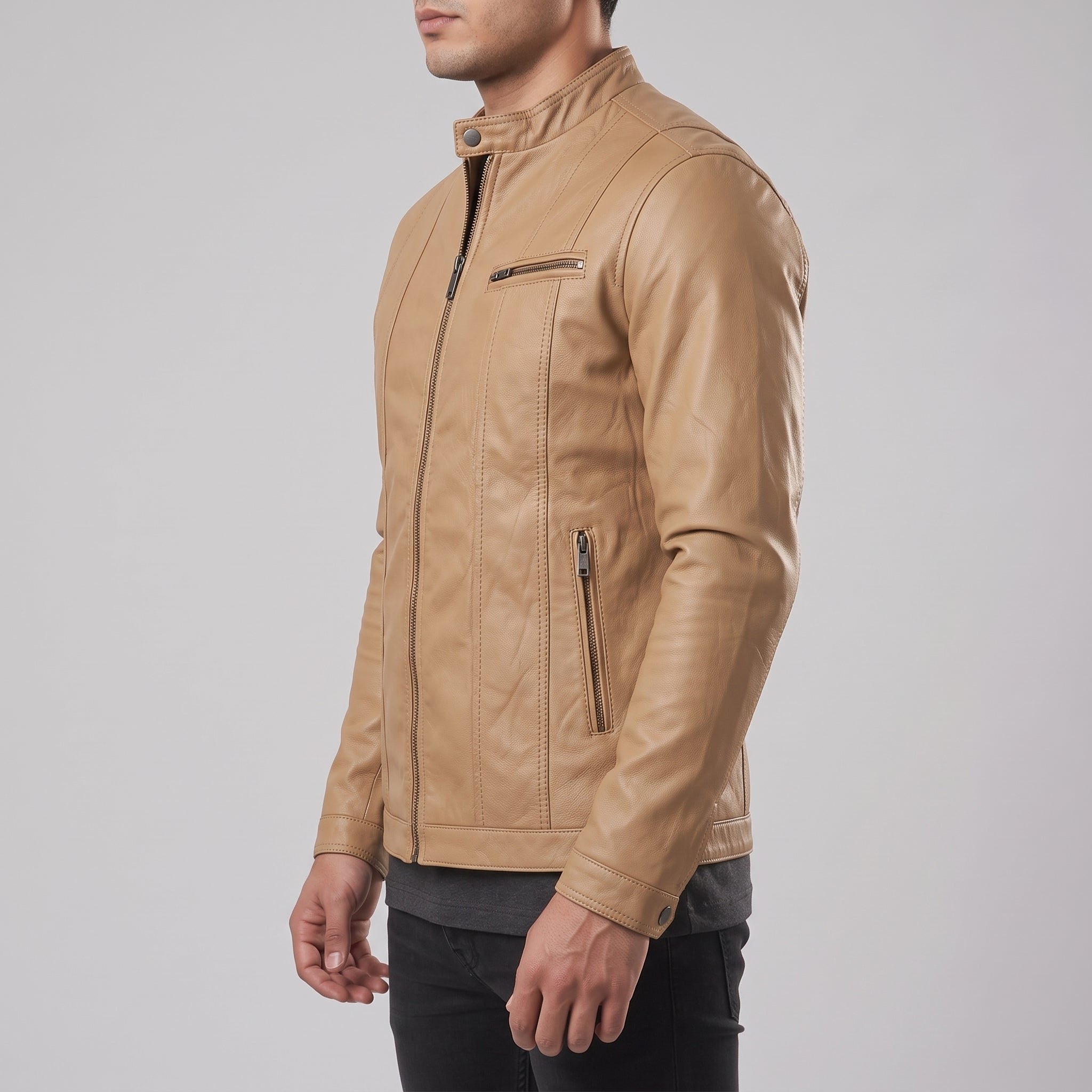 Men's Tan Leather Cafe Racer Jacket — Fenton