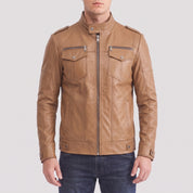 Men's Tan Leather Cafe Racer Jacket — Highley