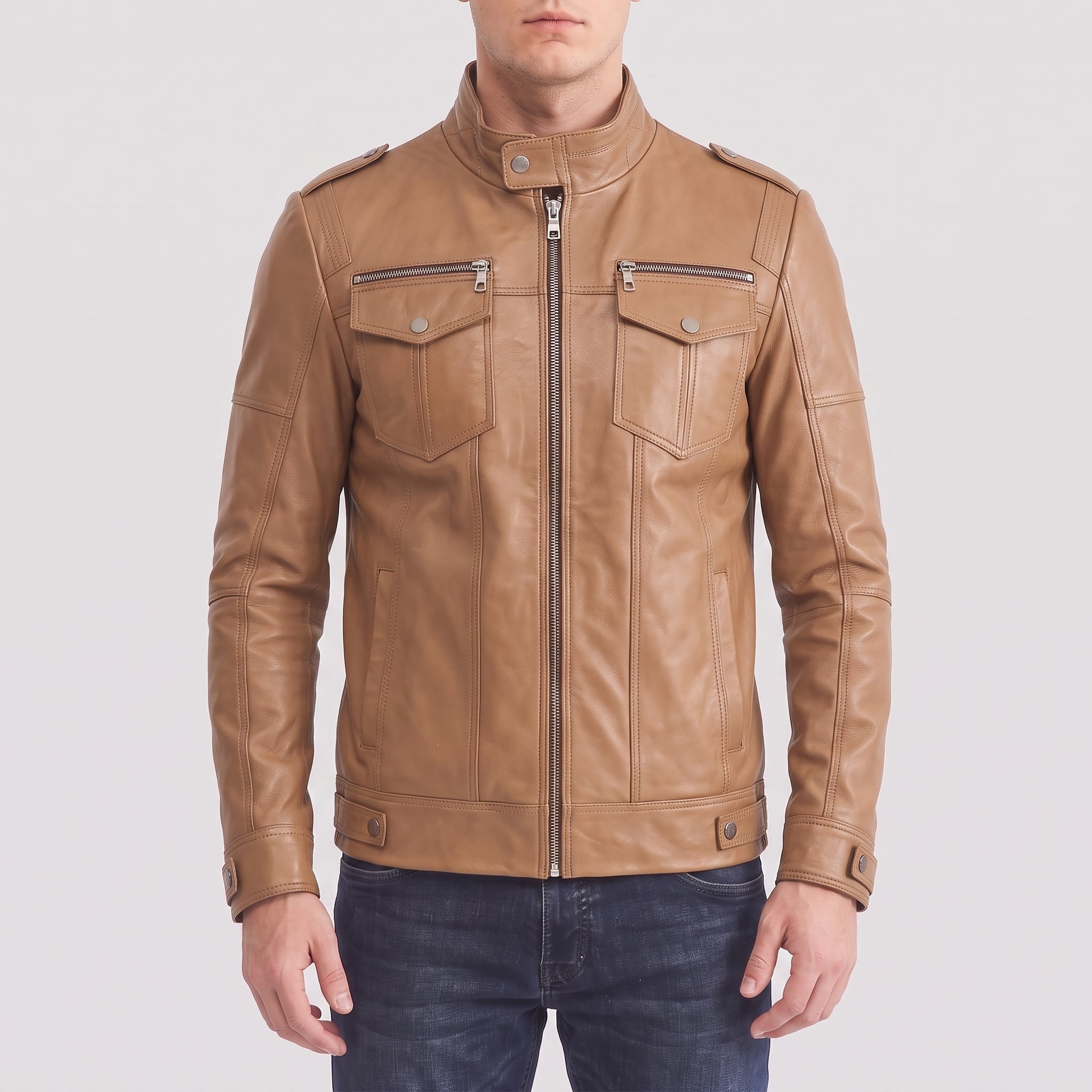 Men's Tan Leather Cafe Racer Jacket — Highley
