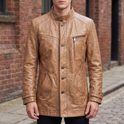 Men's Tan Leather Car Coat — Acrebank