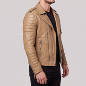 Men's Tan Leather Double Rider Biker Jacket — Carson
