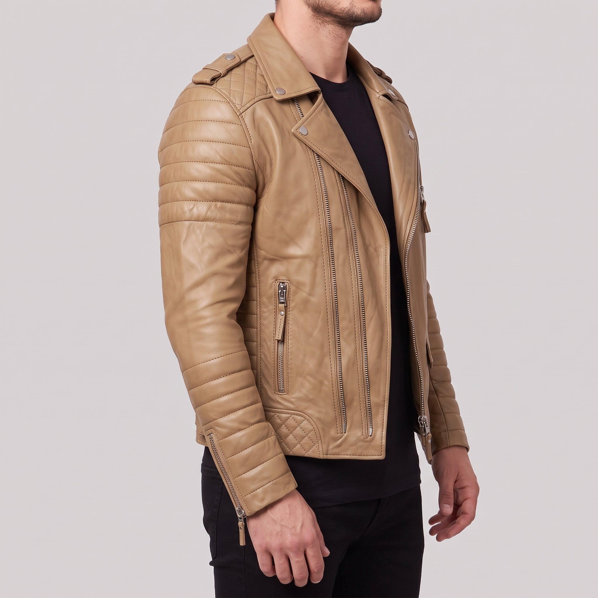 Men's Tan Leather Double Rider Biker Jacket — Carson
