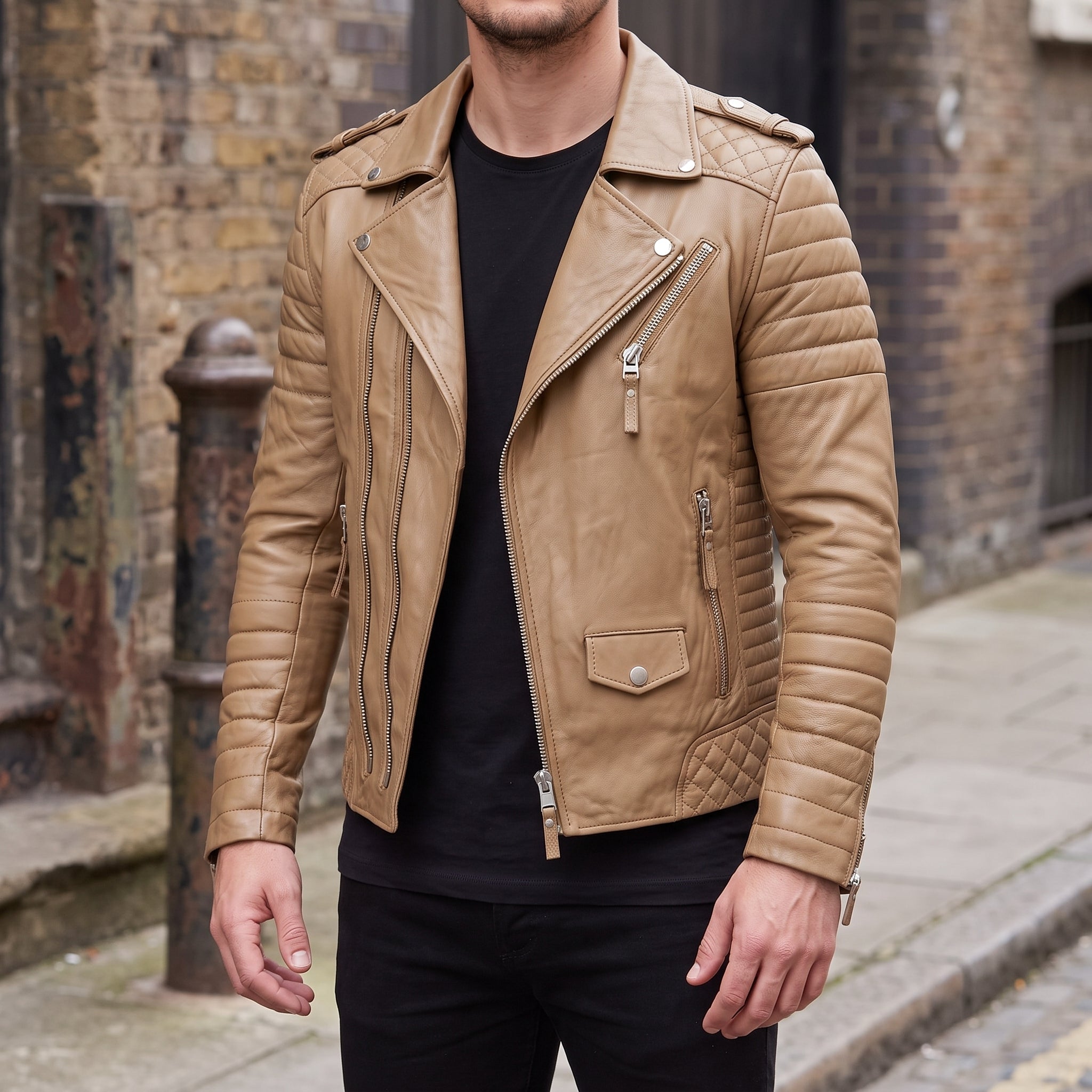 Men's Tan Leather Double Rider Biker Jacket — Carson