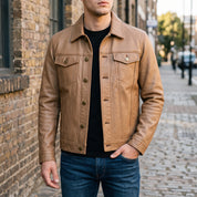Men's Tan Leather Trucker Jacket — Baynards