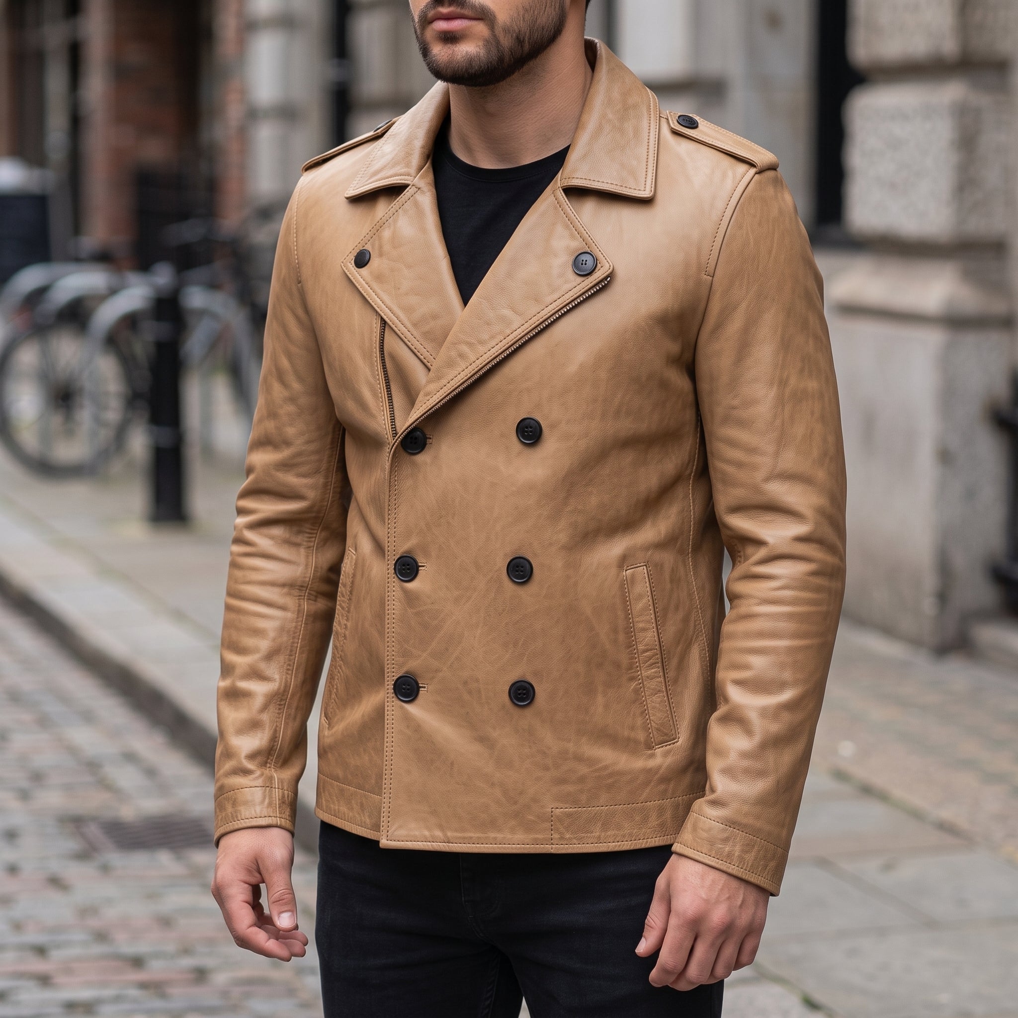 Men's Tan Leather Pea Coat — Rowley