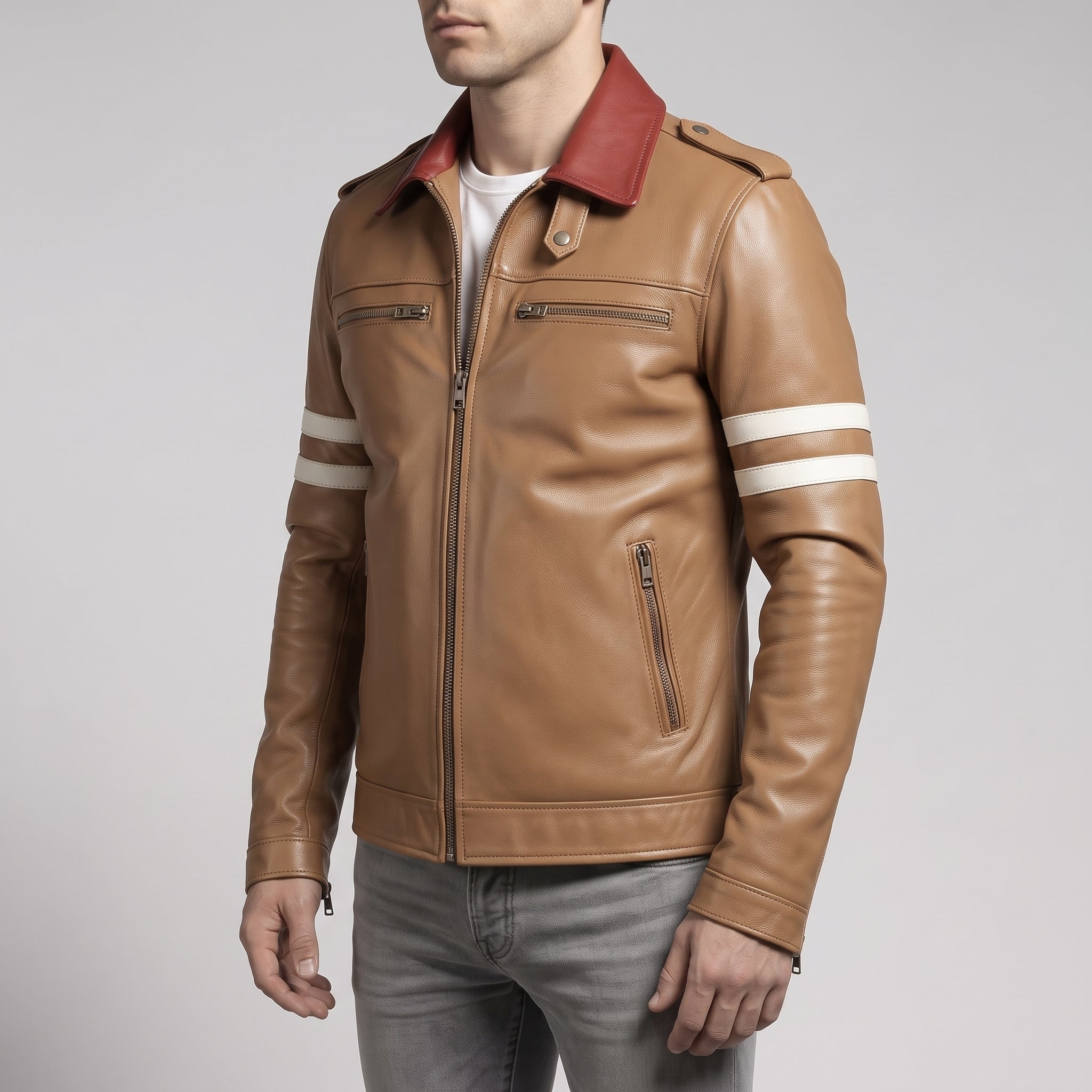 Men's Tan Leather Single Rider Biker Jacket — Critchley