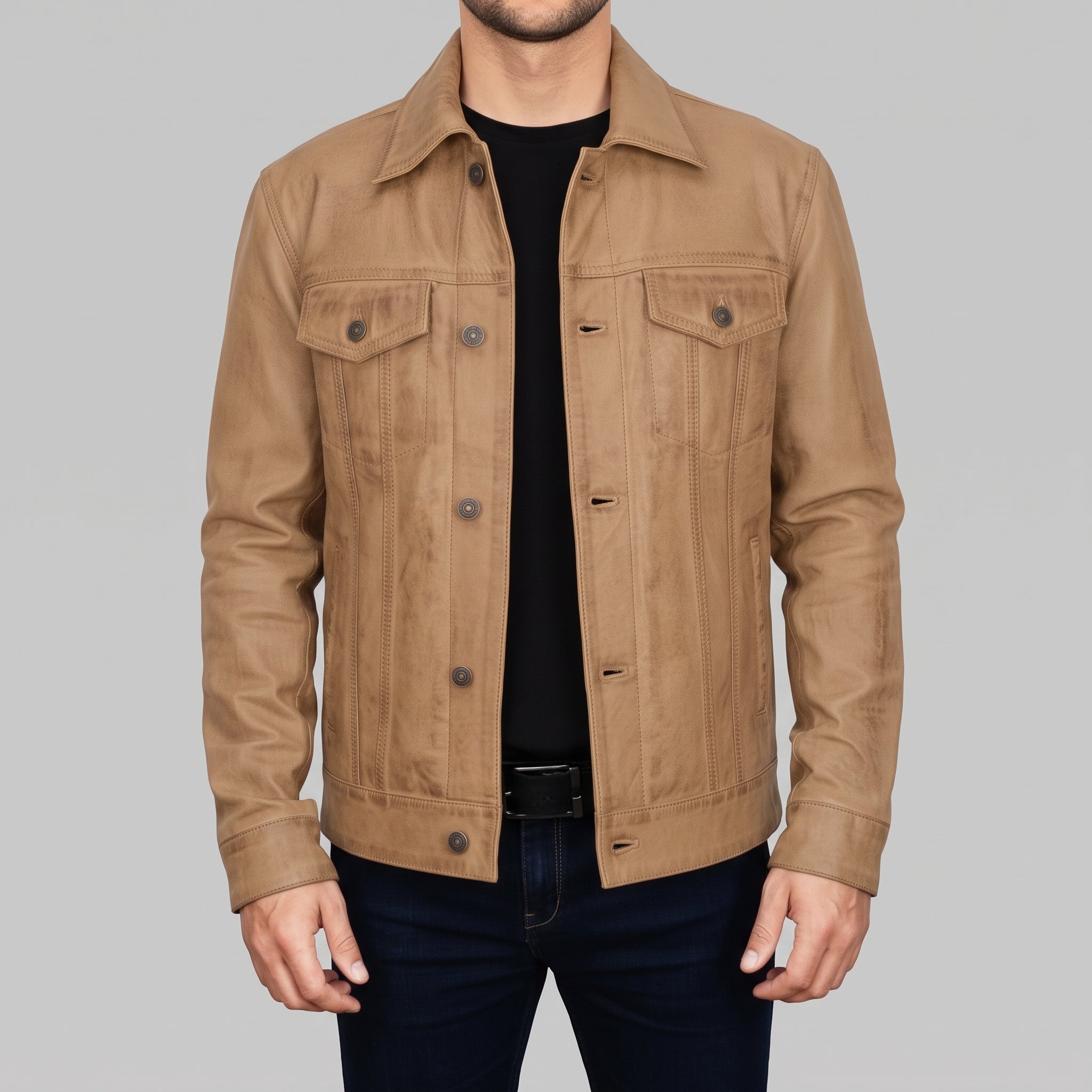 Men's Tan Leather Trucker Jacket — Dyer