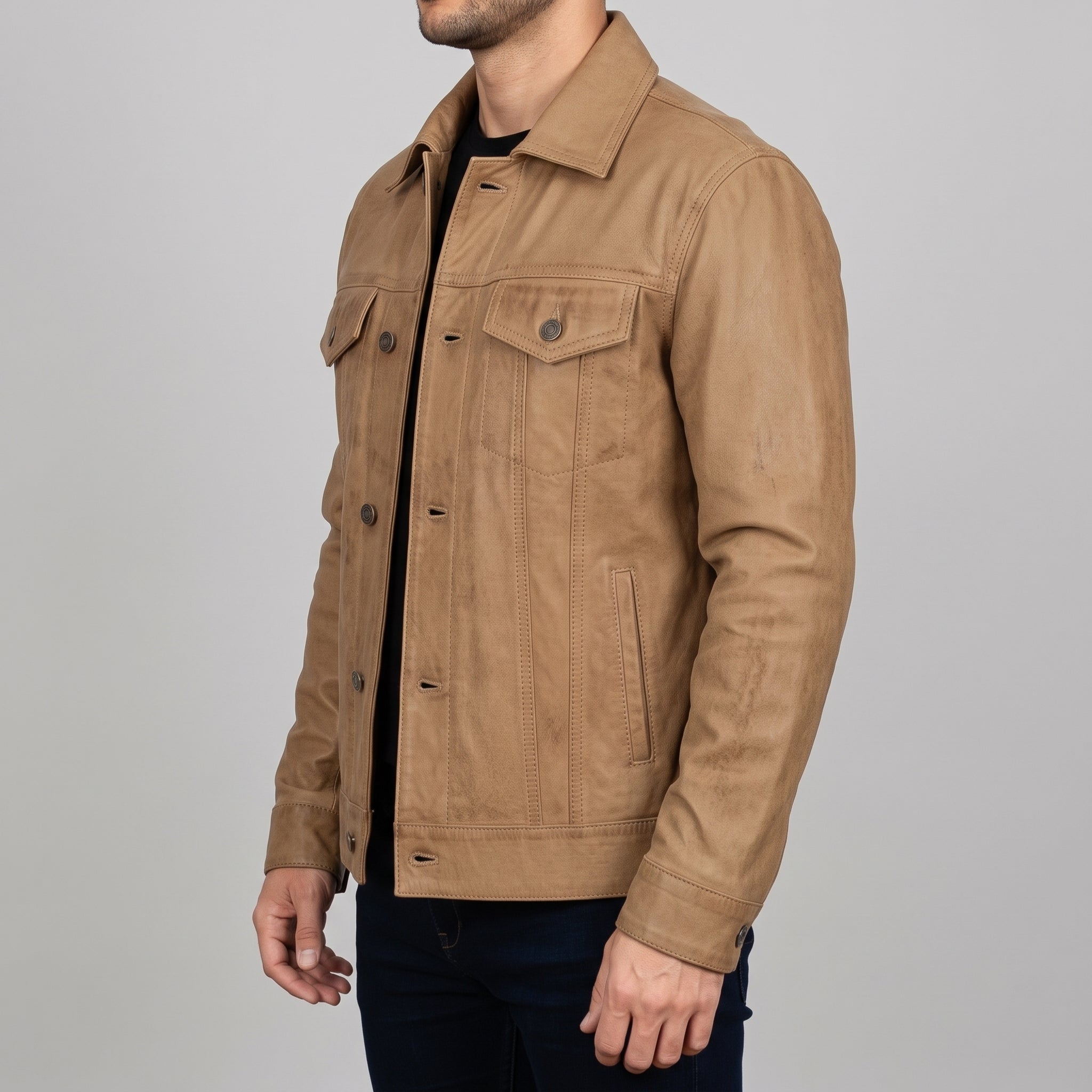 Men's Tan Leather Trucker Jacket — Dyer