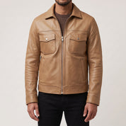 Men's Tan Leather Trucker Jacket — Heatherton