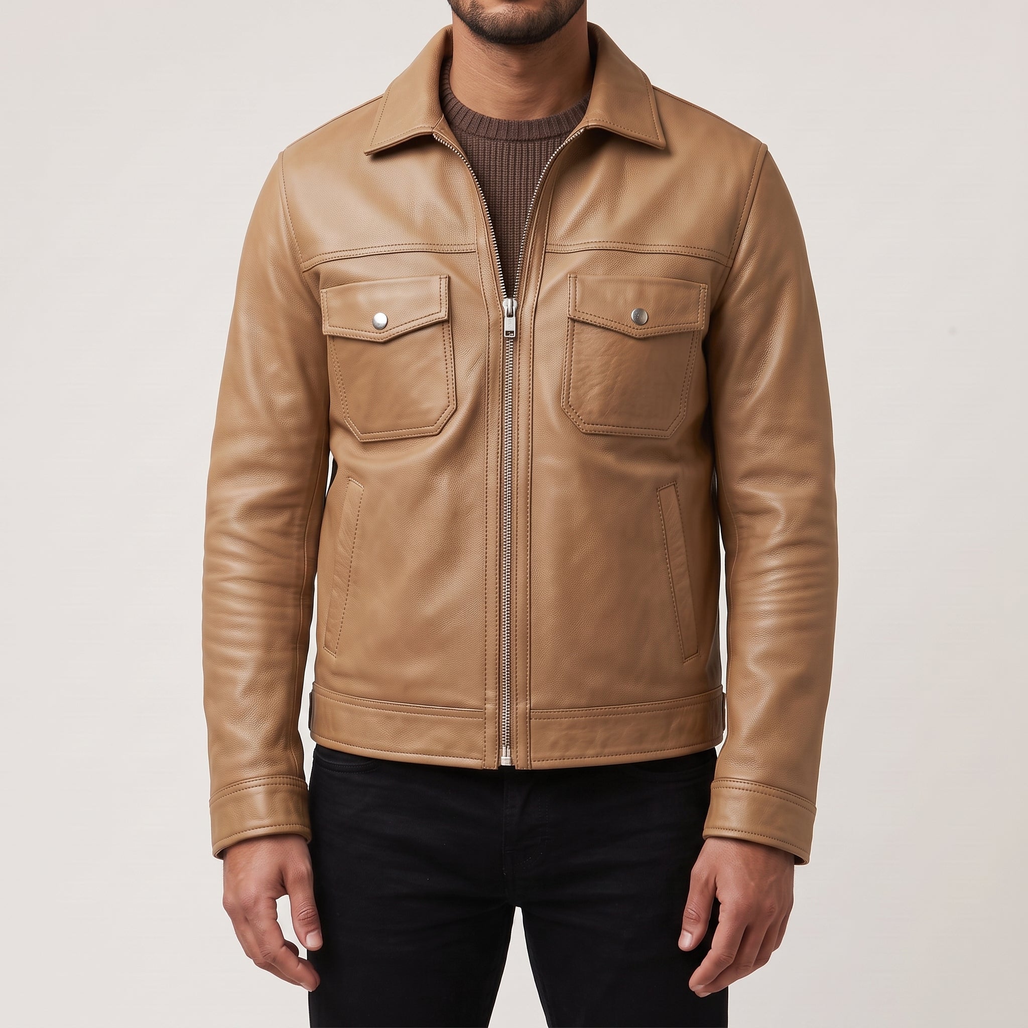 Men's Tan Leather Trucker Jacket — Heatherton