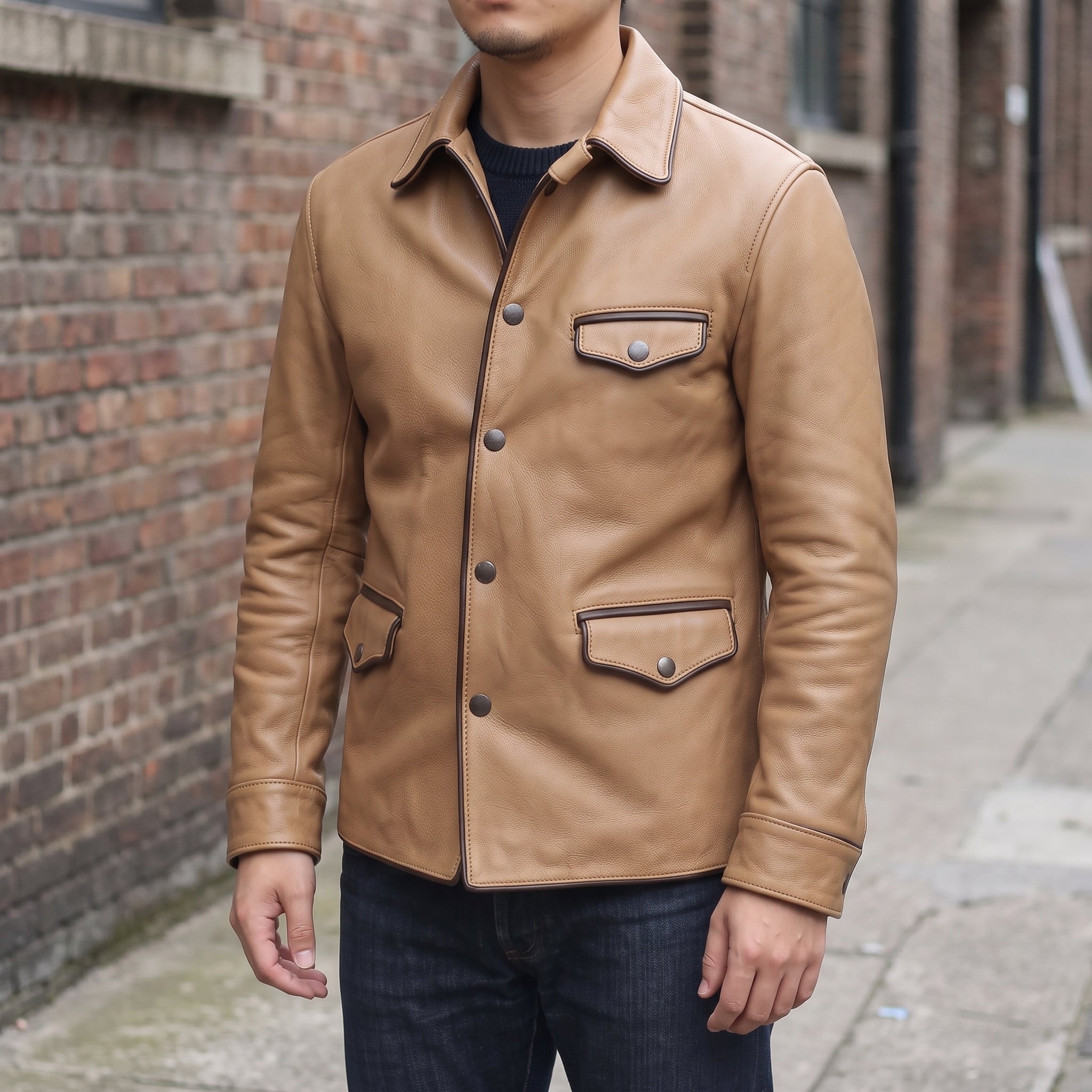 Men's Tan Leather Trucker Jacket — Moulton