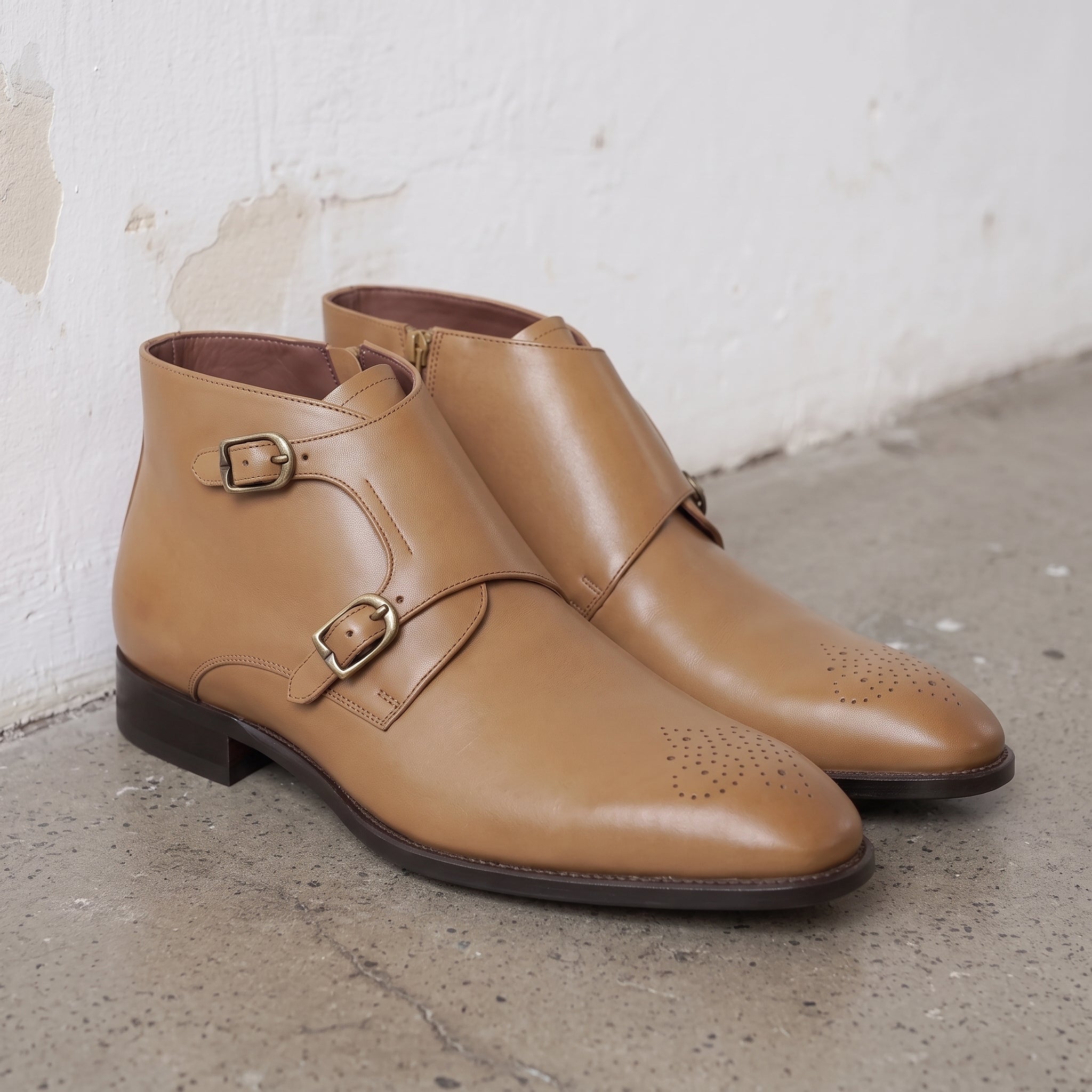 Men's Tan Plain-Toe Leather Double Monk Boots — Montford