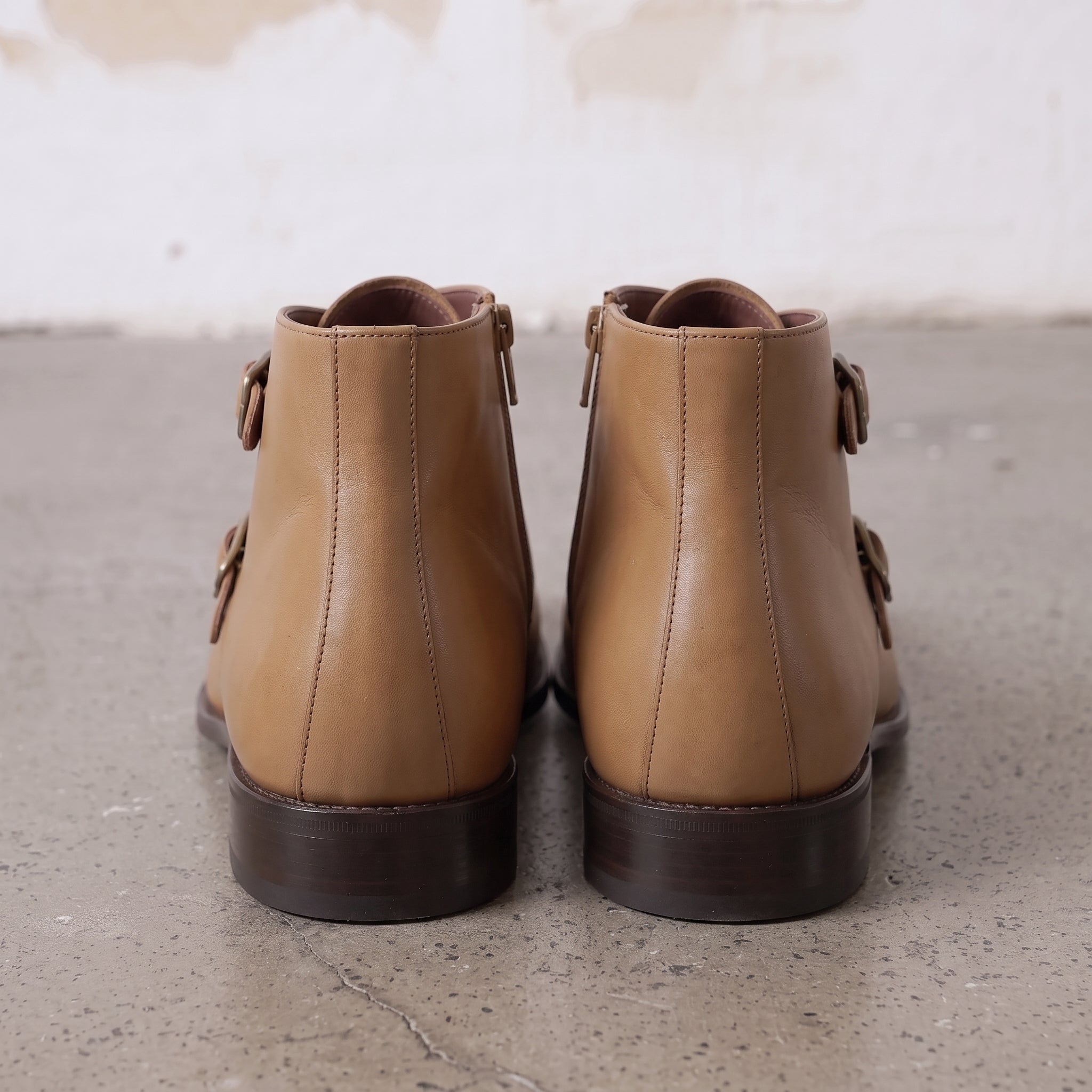 Men's Tan Plain-Toe Leather Double Monk Boots — Montford