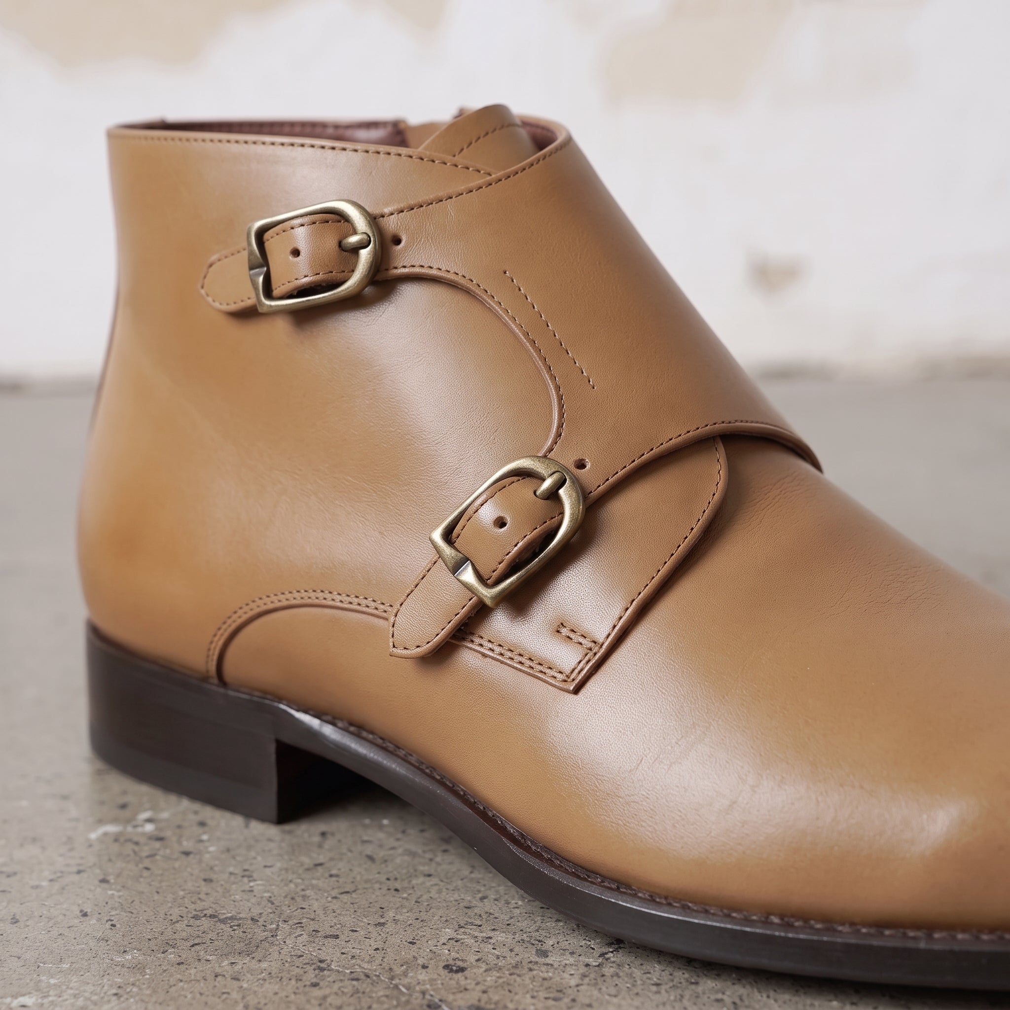 Men's Tan Plain-Toe Leather Double Monk Boots — Montford