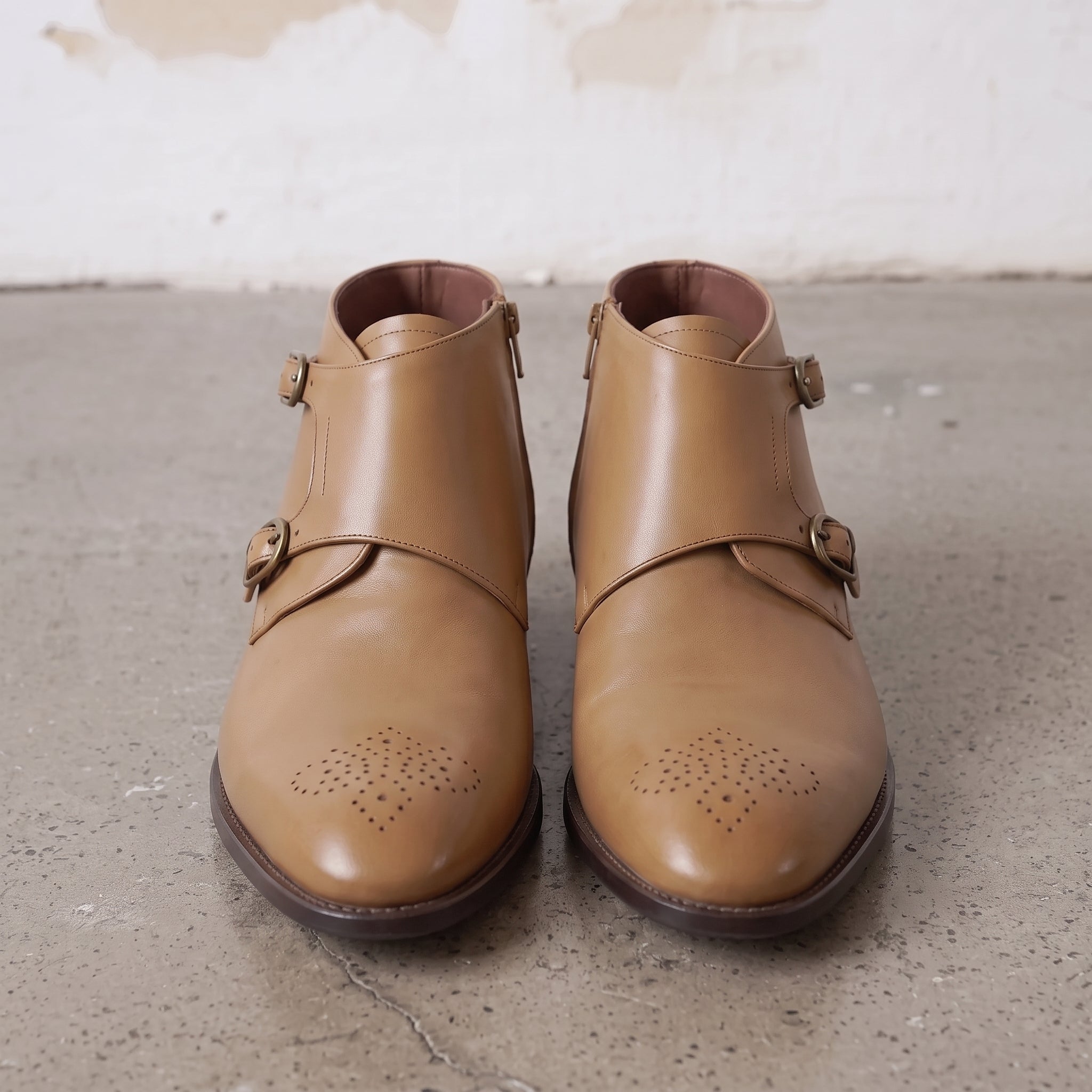 Men's Tan Plain-Toe Leather Double Monk Boots — Montford