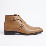 Men's Tan Plain-Toe Leather Double Monk Boots — Montford