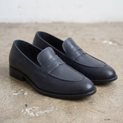 Men's Navy Moc-Toe Leather Penny Loafers — Hemsworth