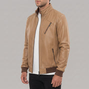 Men's Tan Pebbled Leather Bomber Jacket — Forres