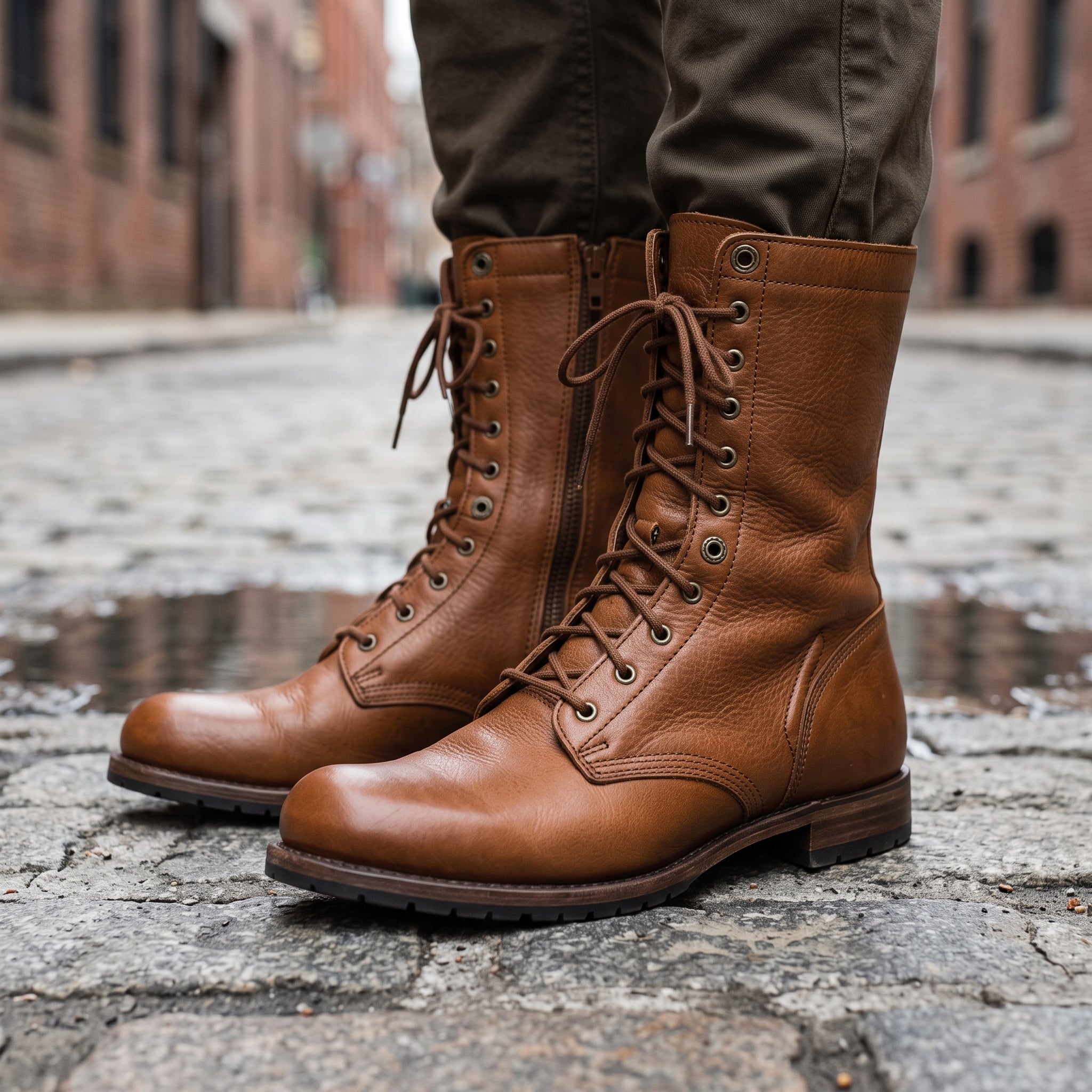 Men's Tan Pebbled Leather Combat Boots — Gaston
