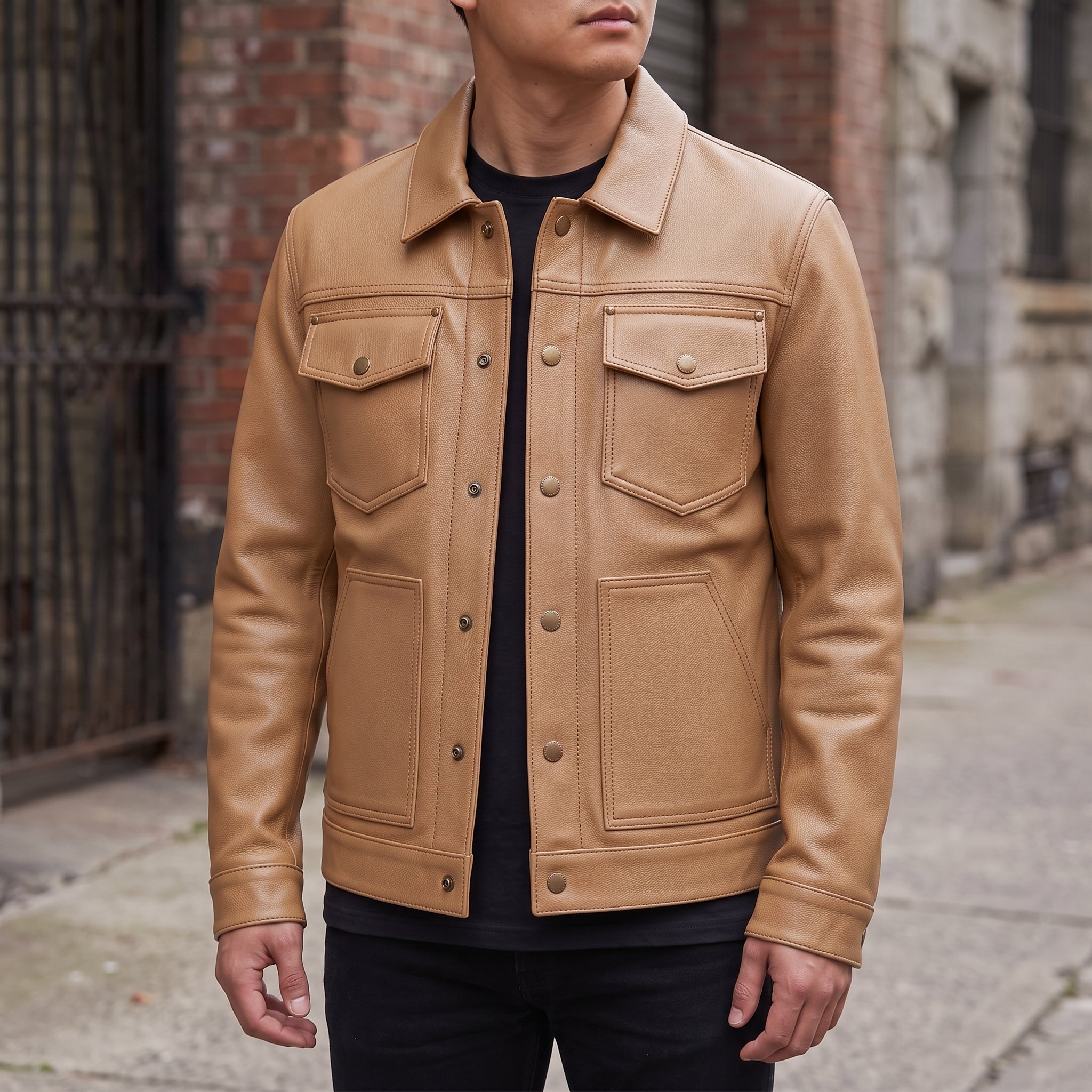 Men's Tan Pebbled Leather Trucker Jacket — Hookham