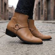 Men's Tan Plain-Toe Leather Ankle Biker Boots — Atherton