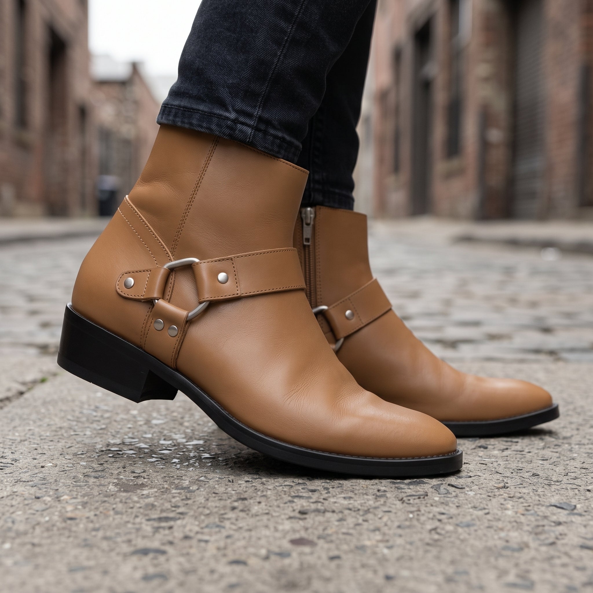 Men's Tan Plain-Toe Leather Ankle Biker Boots — Atherton