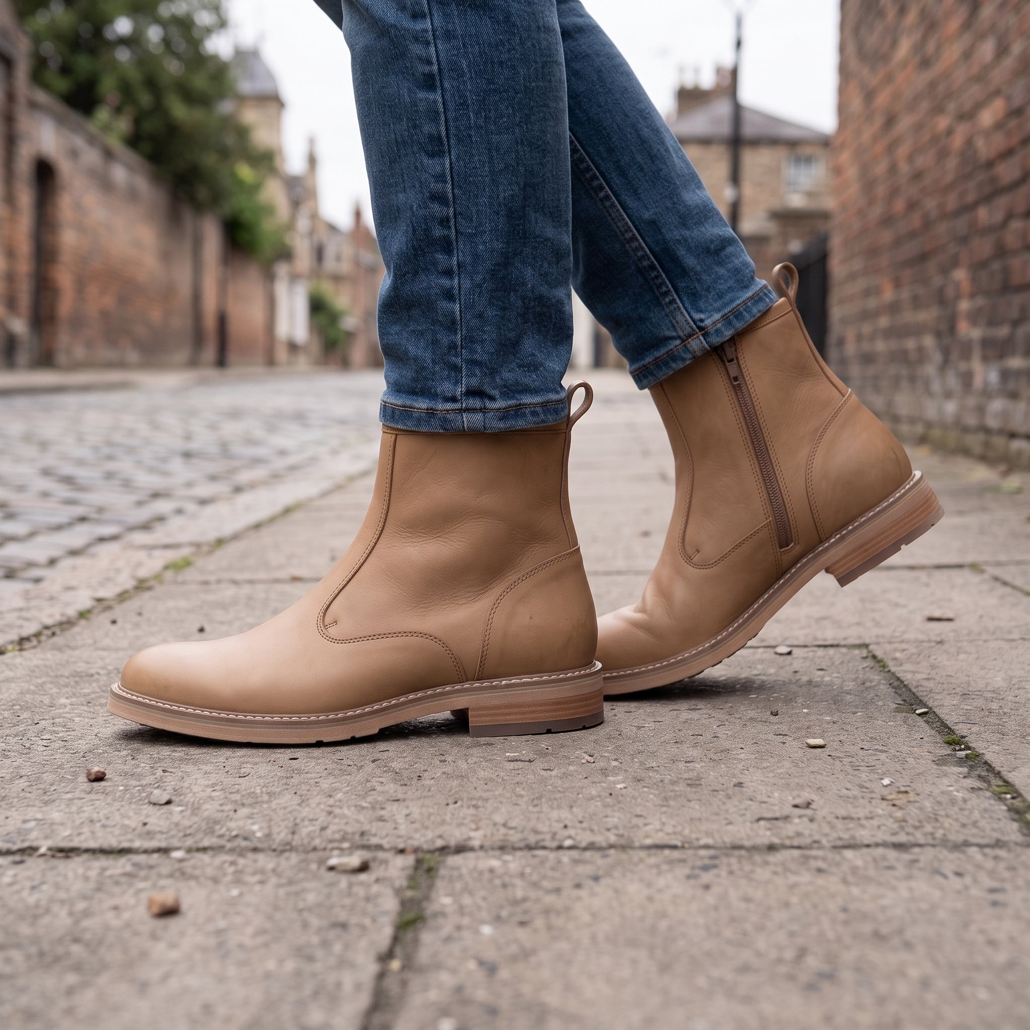 Men's Tan Plain-Toe Leather Ankle Boots — Flindell