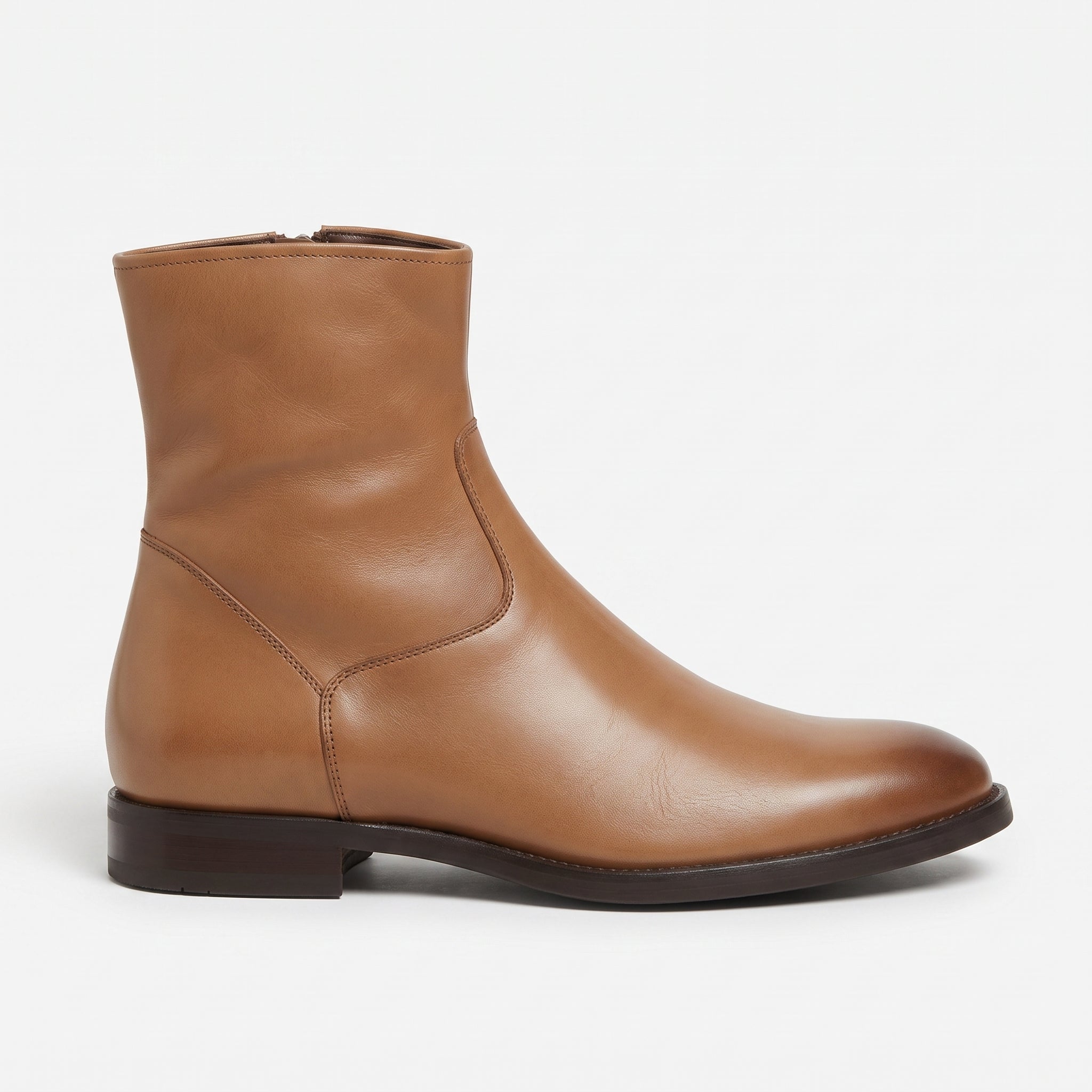 Men's Tan Plain-Toe Leather Ankle Biker Boots — Carter