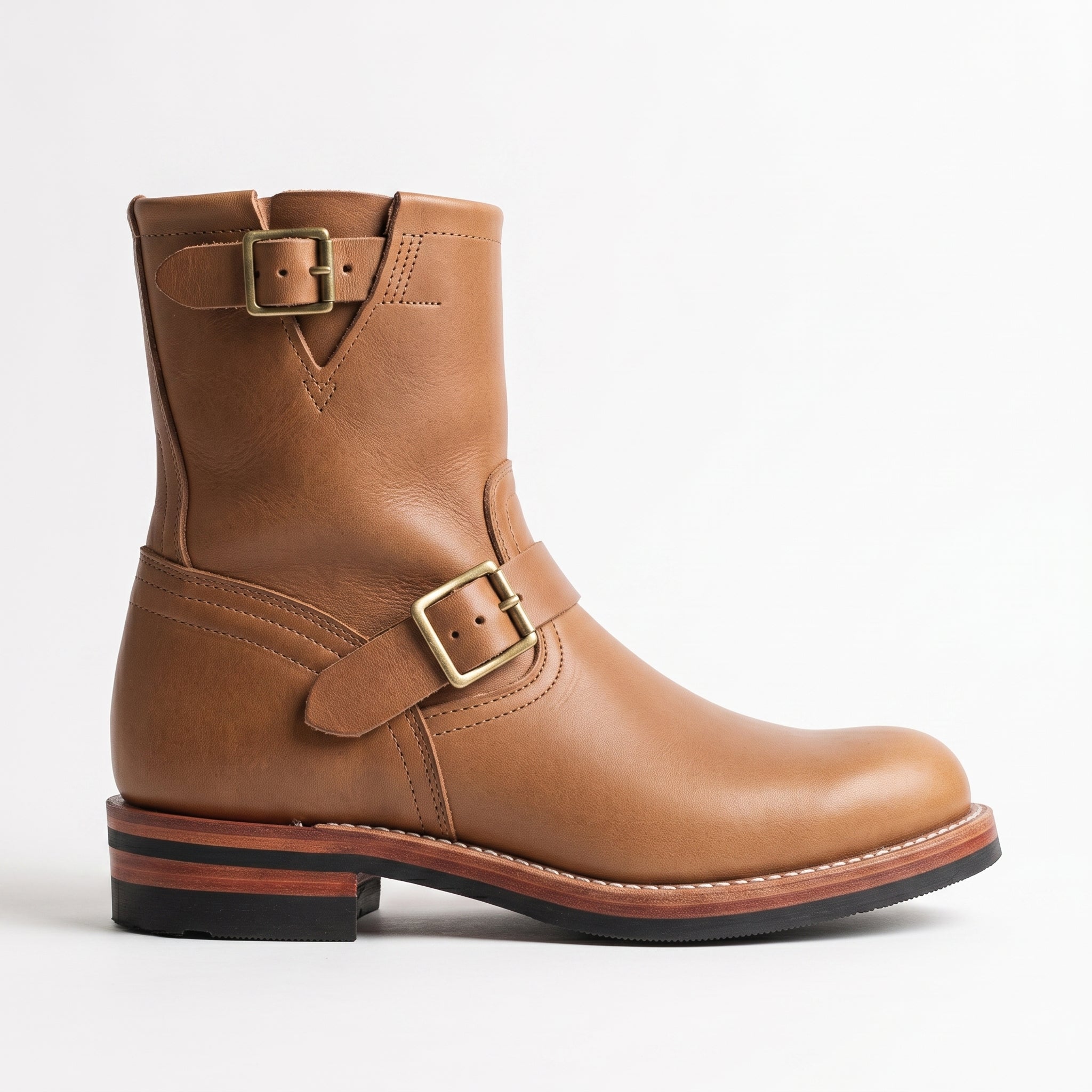 Men's Tan Plain-Toe Leather Biker Boots — Bolton