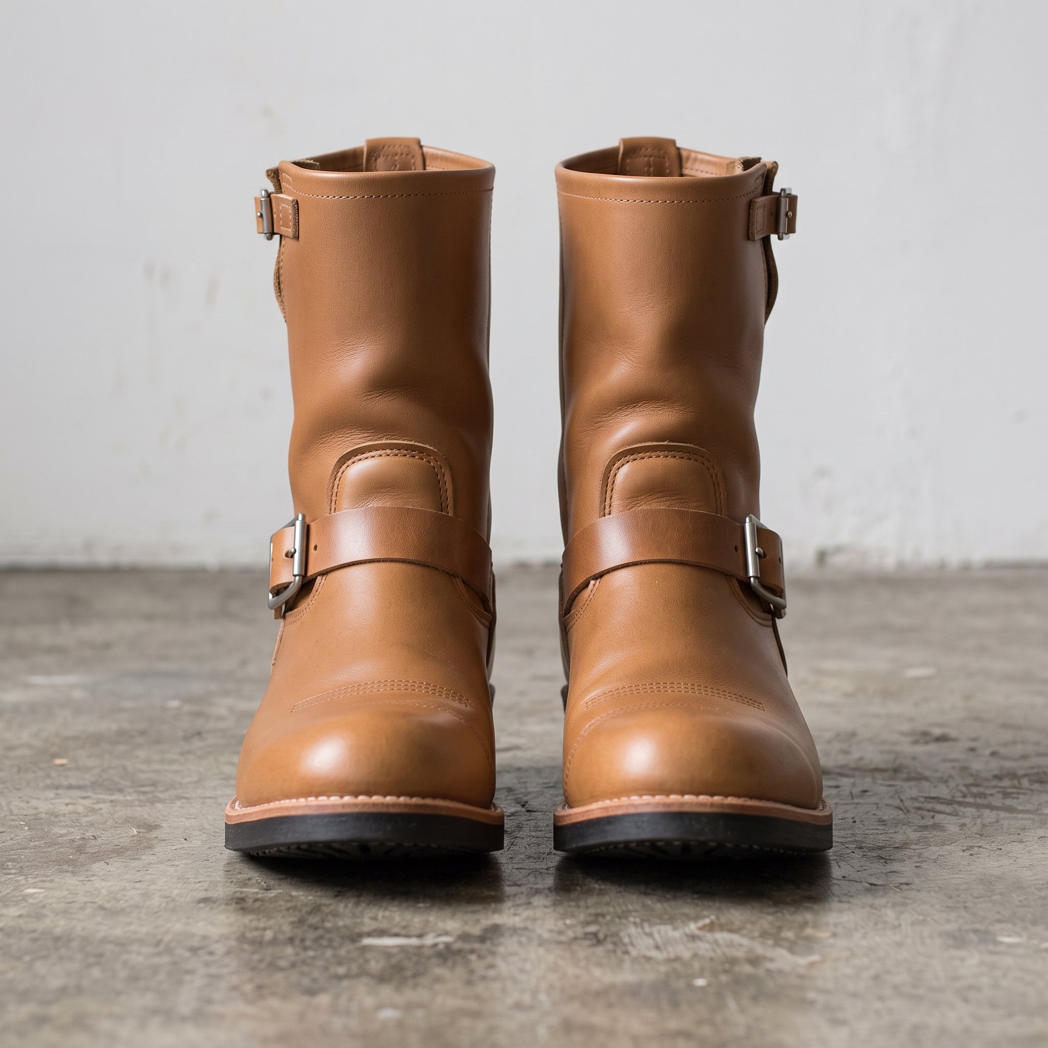 Men's Tan Plain-Toe Leather Biker Boots — Brimley