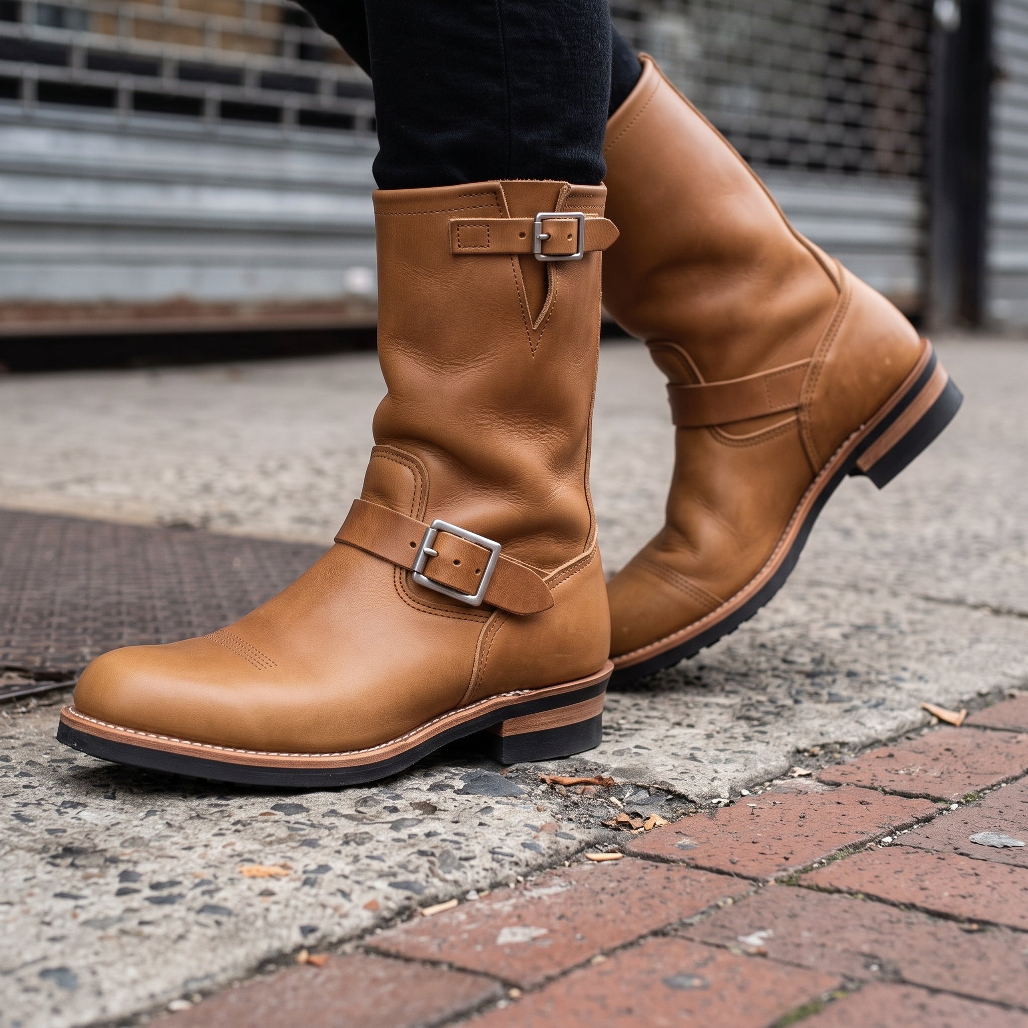 Men's Tan Plain-Toe Leather Biker Boots — Brimley