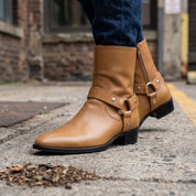 Men's Tan Plain-Toe Leather Biker Boots — Hulse