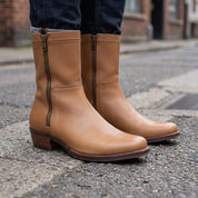 Men's Tan Plain-Toe Leather Biker Boots — Nicolson
