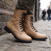 Men's Tan Plain-Toe Leather Combat Boots — Bagworth