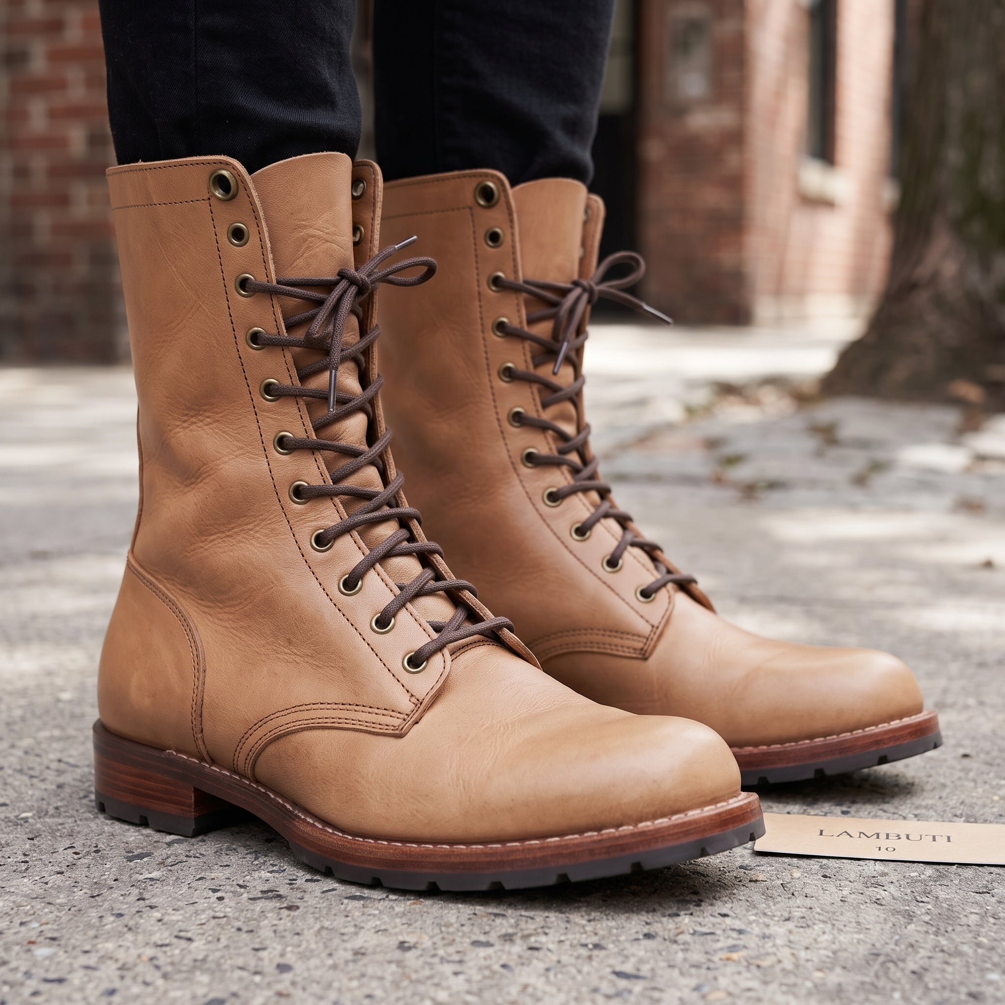 Men's Tan Plain-Toe Leather Combat Boots — Bickham