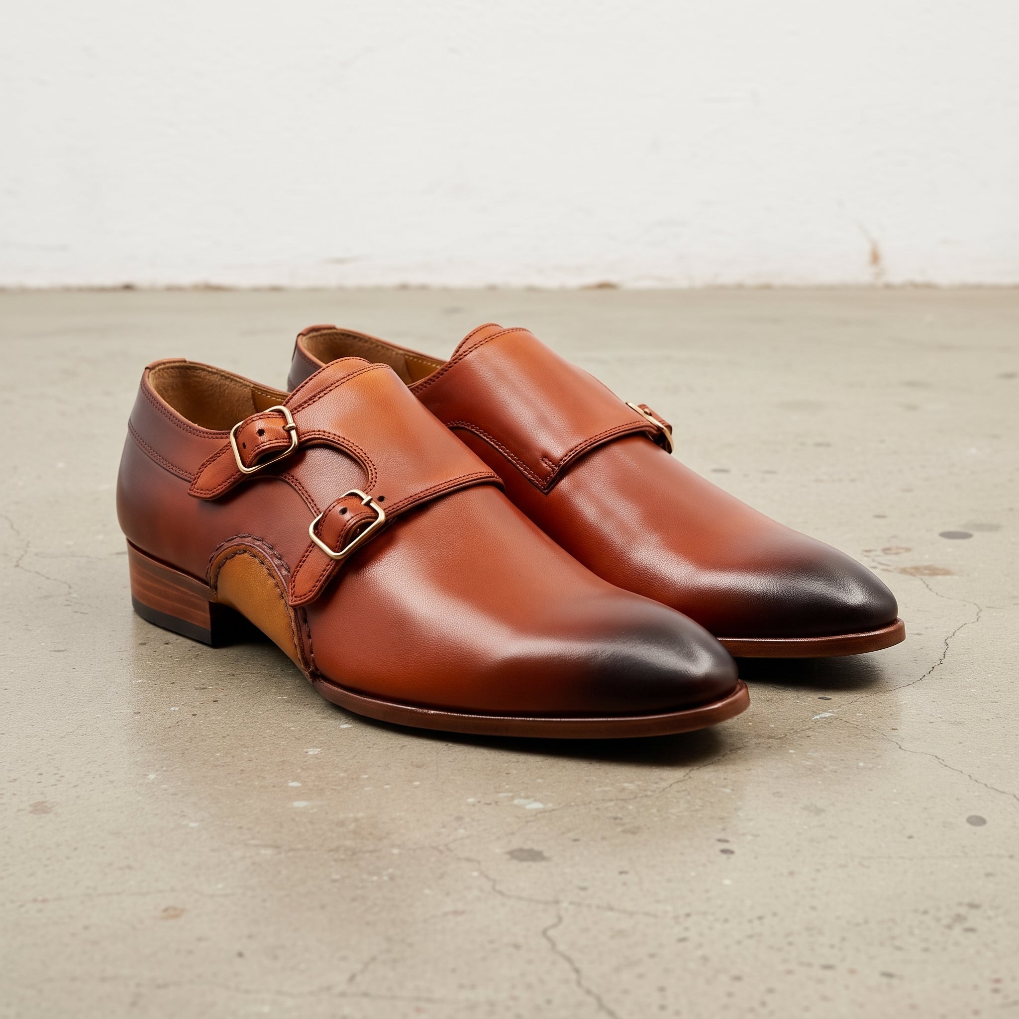 Men's Tan Plain-Toe Leather Double Monk Strap Oxfords — Blaxley