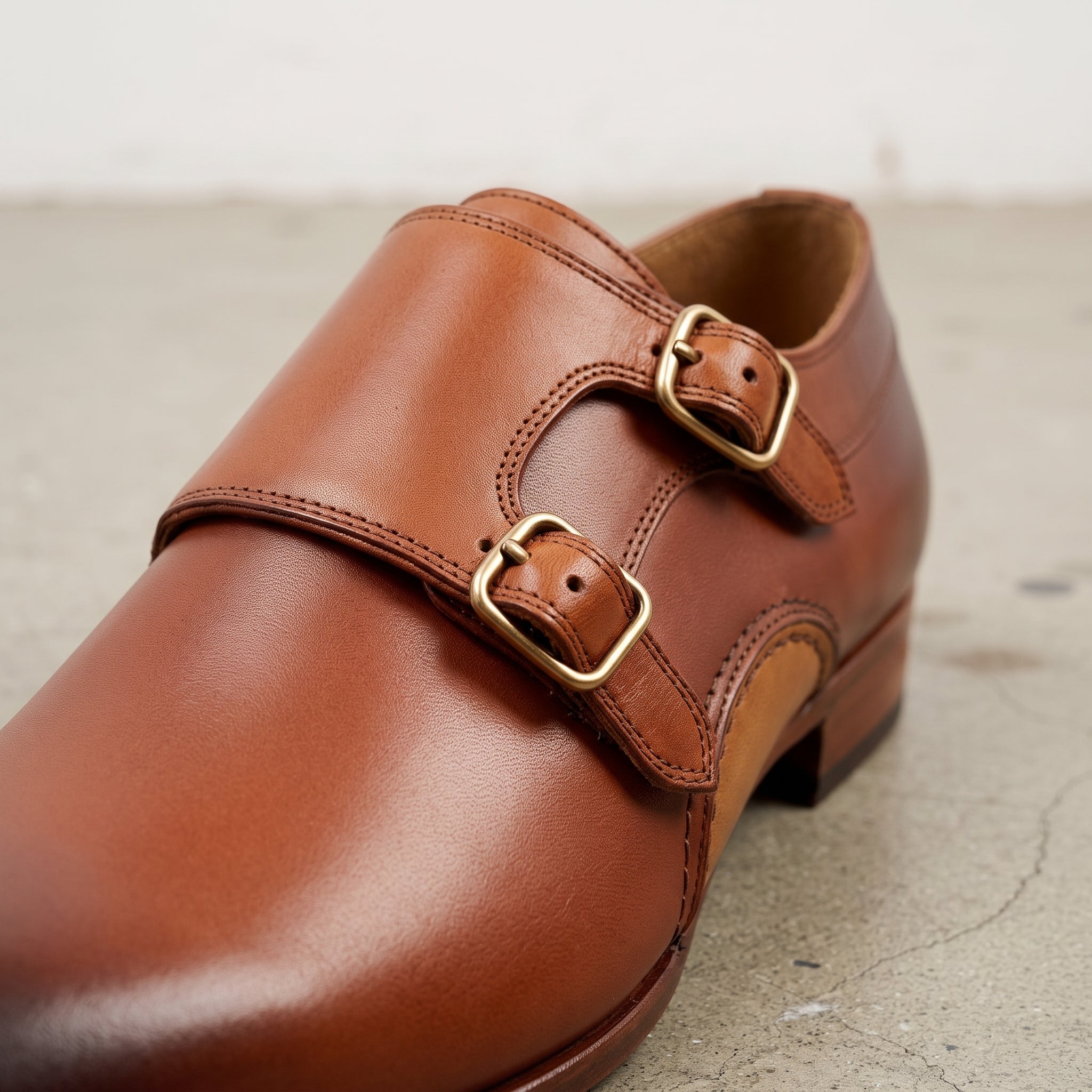 Men's Tan Plain-Toe Leather Double Monk Strap Oxfords — Blaxley