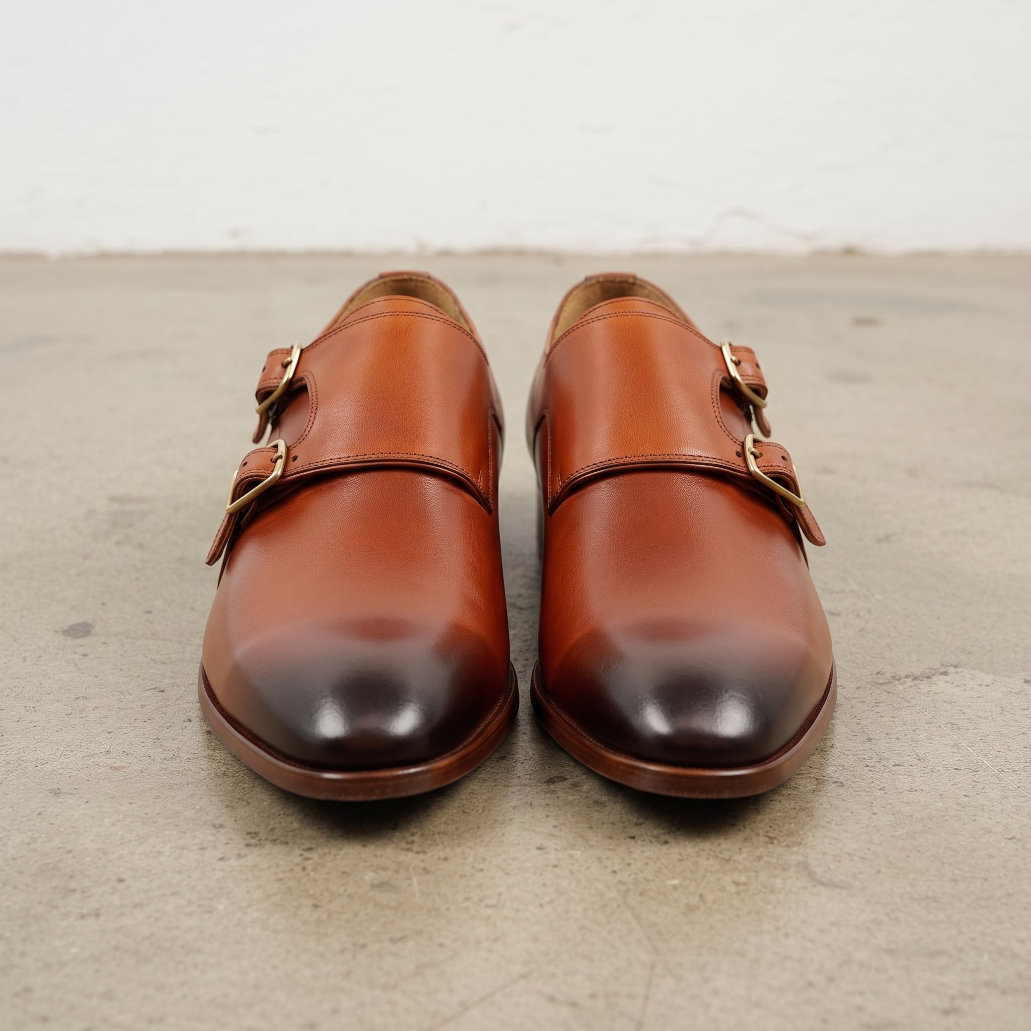 Men's Tan Plain-Toe Leather Double Monk Strap Oxfords — Blaxley